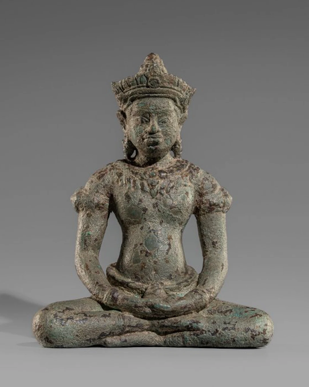 Cambodia - Khmer art Bronze / copper alloy Crowned Buddha seated in bronze