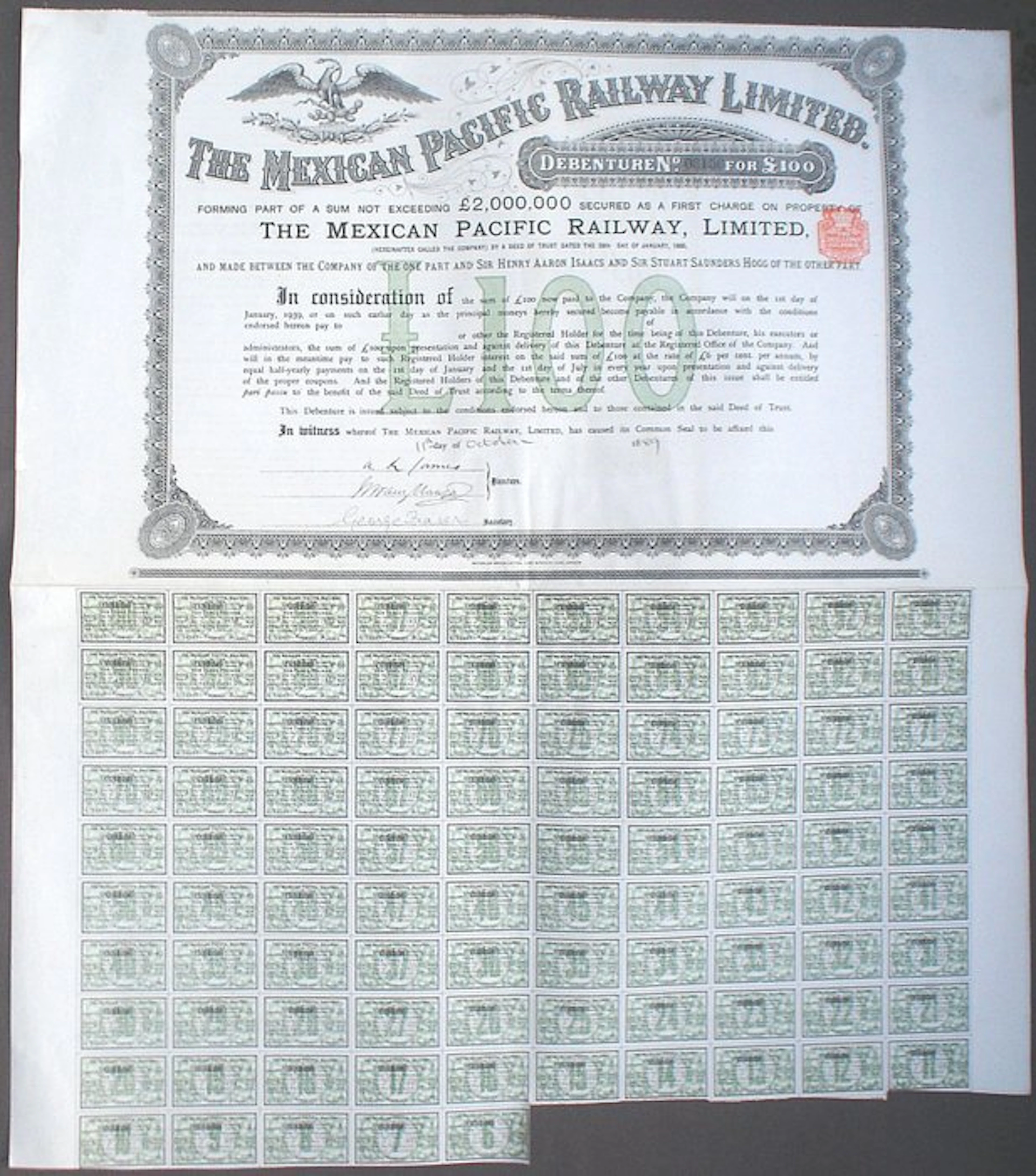 Mexico. Mexican Pacific Railway 100 £ 1889 uncancelled + Coupon sheet + 10 more