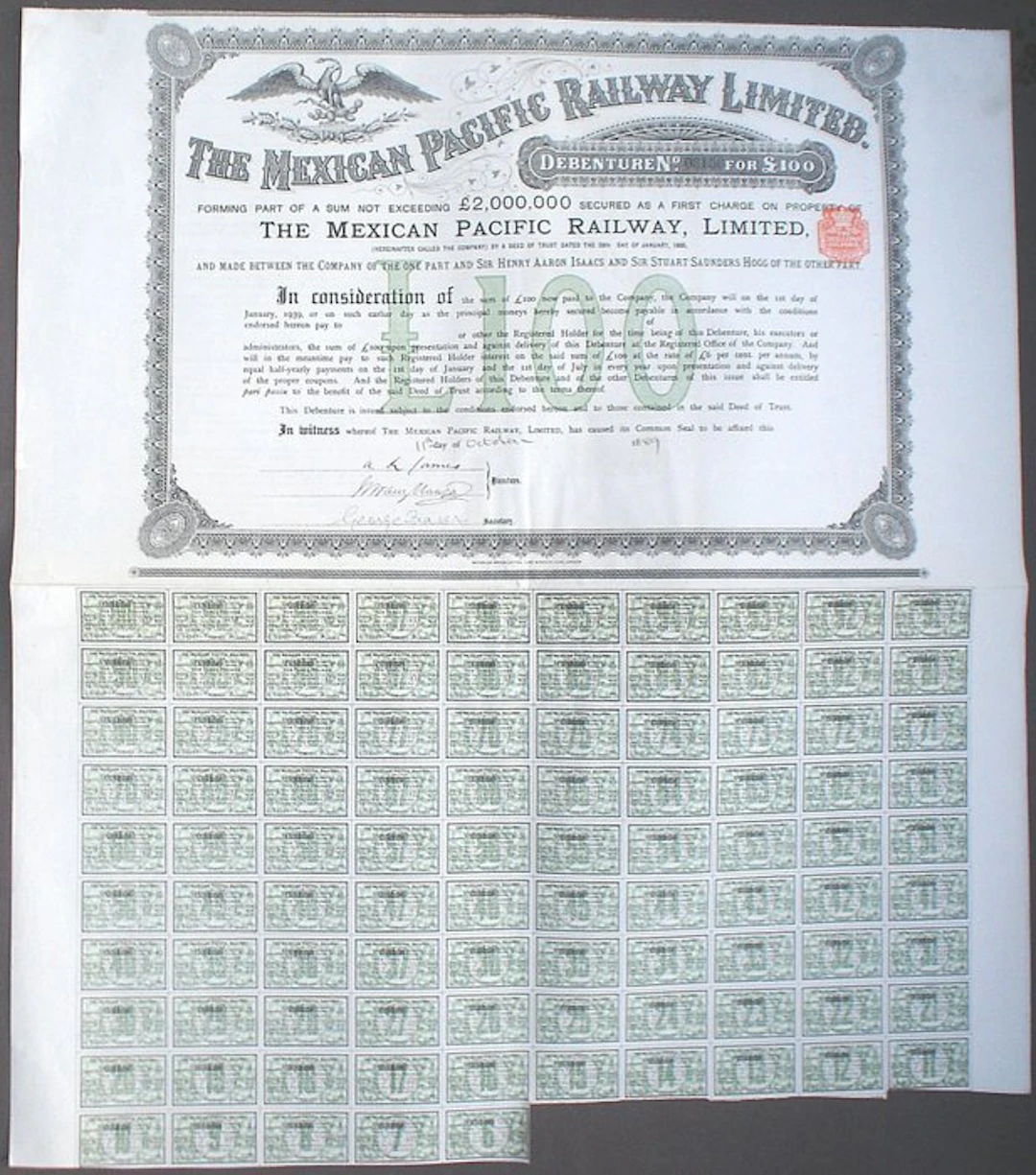 Mexico. Mexican Pacific Railway 100 £ 1889 uncancelled + Coupon sheet + 10 more