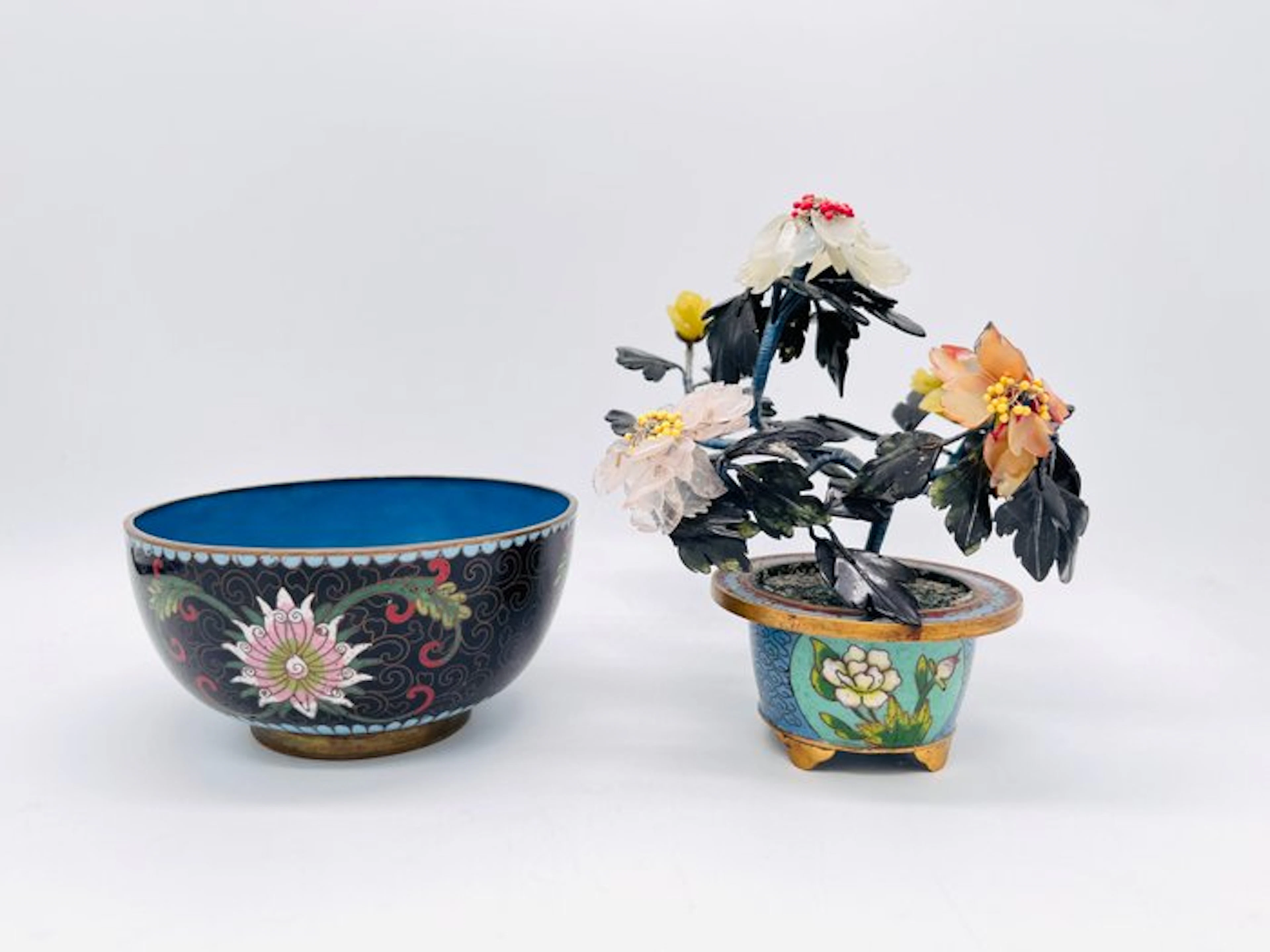 Bowl (2) - Enamel, Stone - Hardstone tree and bowl