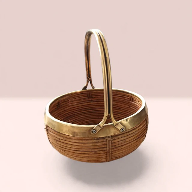 Basket - 1970 modern Century - Brass, Rattan - Gabriella Crespi style