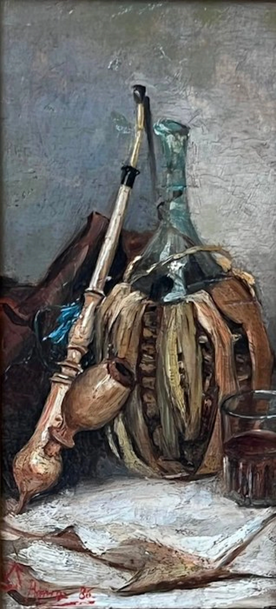 Spanish school (XIX) - Still Life with Chianti Flask, Pipe, and Wine Glass