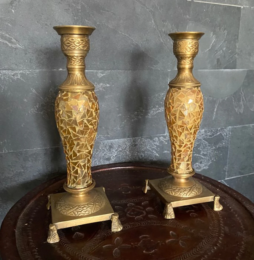 Taperstick (2) - Gilt bronze - Orientalist style