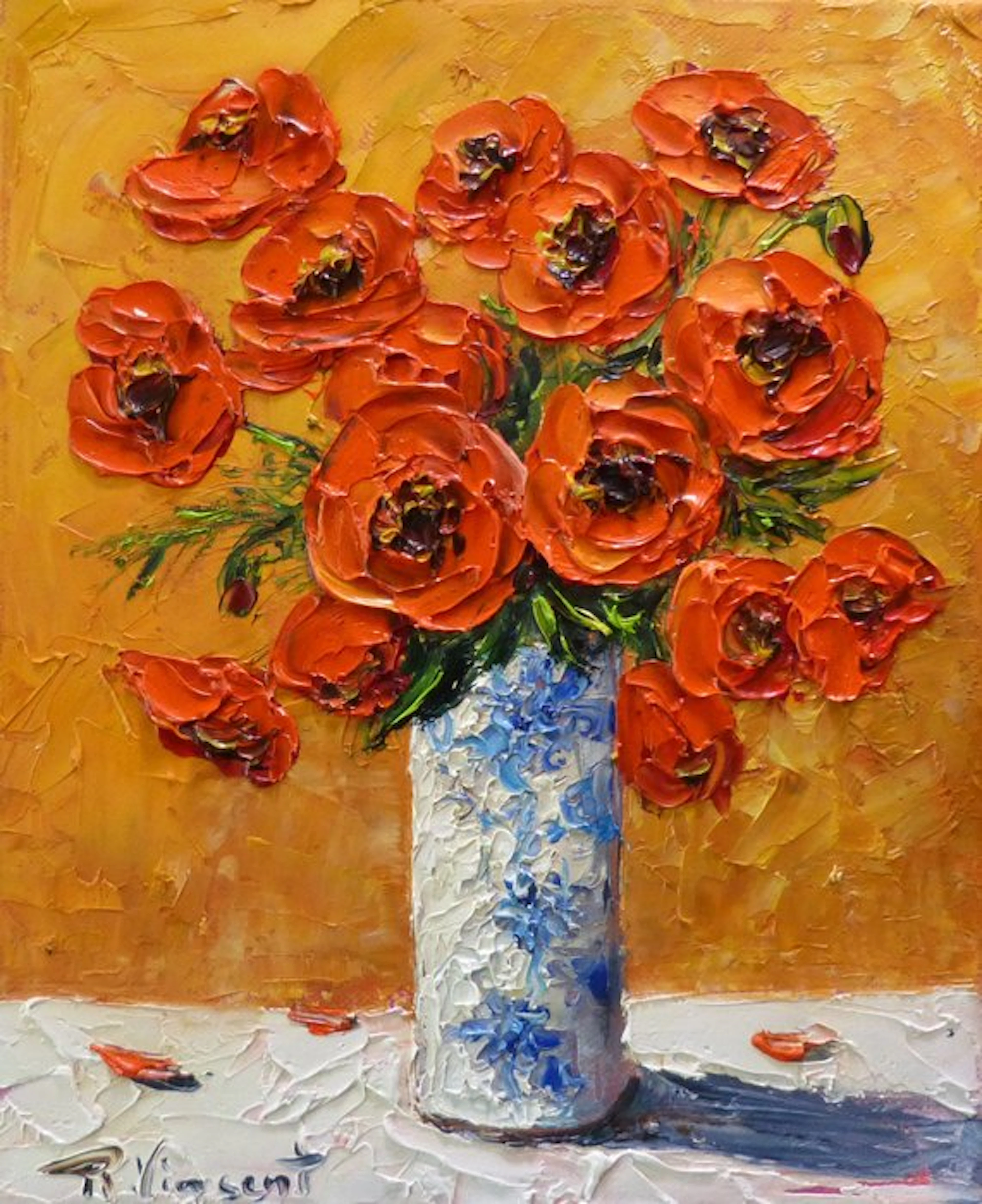 R. Vincent (1954) - Vase blanc bleu et coquelicots en...
