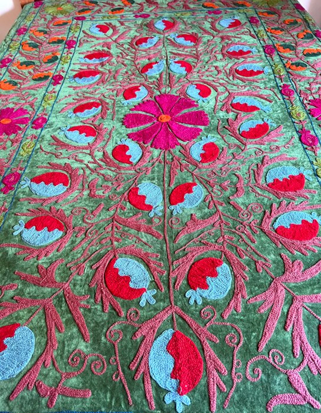 Hand-embroidered velvet tapestry bedspread from Central Asia - floral motifs