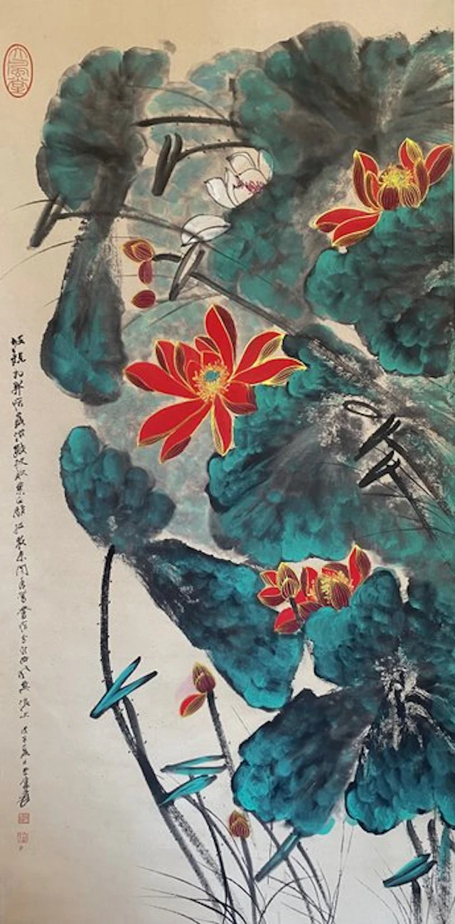 Lotus.ink and color on paper.hanging scroll Zhang Daqian...