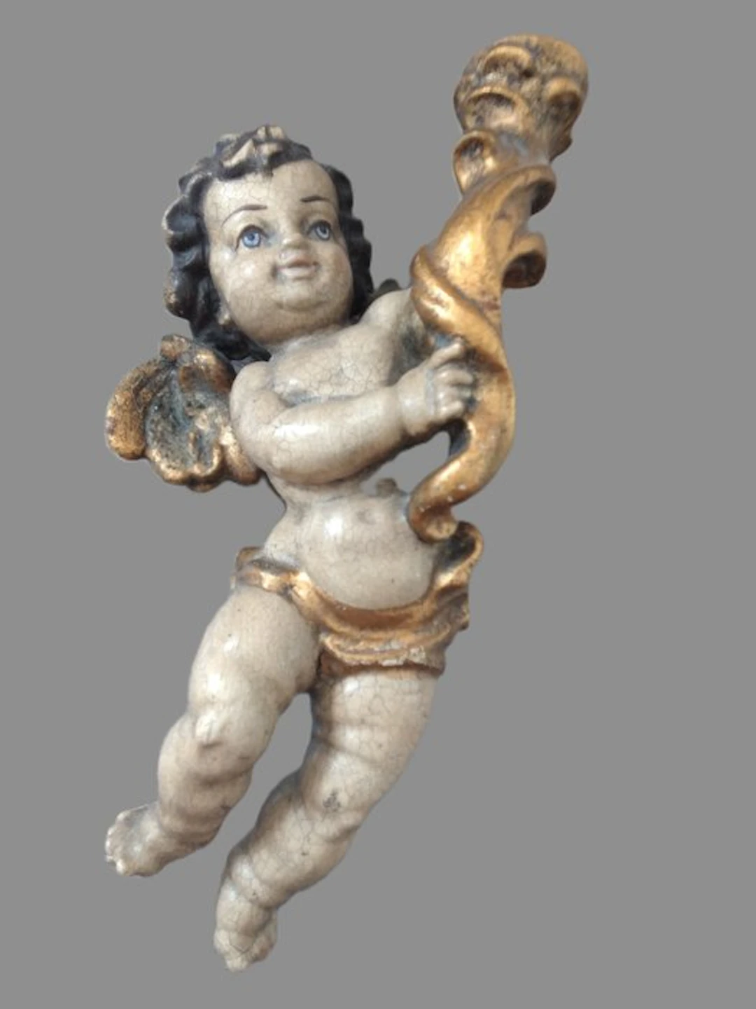 Carving, Holzfigur - farbiger Engel mit Kerzenhalter - Wandfigur - 20 cm - Wood