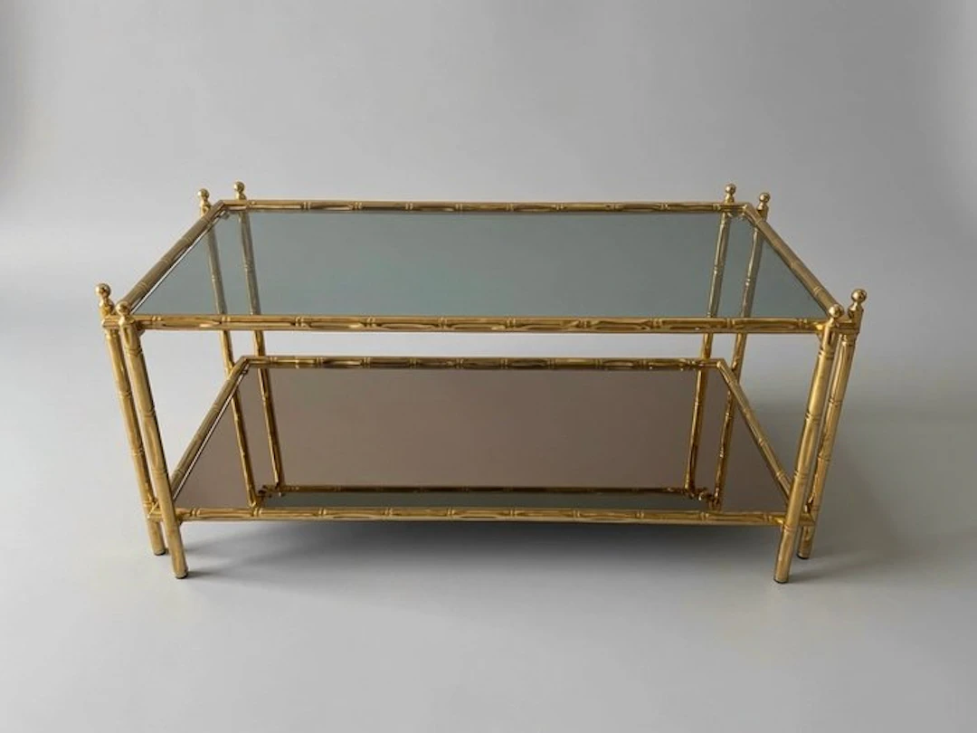 Coffee table - 1960s Hollywood Regency Brass Faux-Bamboo...