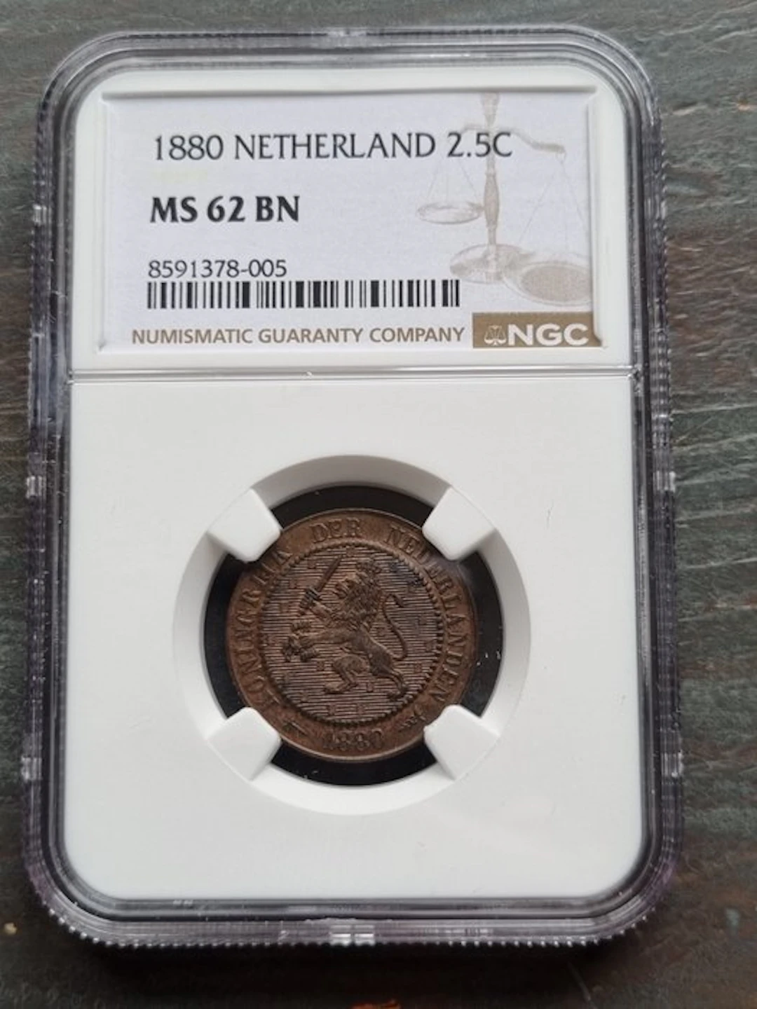 Netherlands. Willem III. 2 1/2 Cent 1880 NGC slab ms 62 bn (No reserve price)