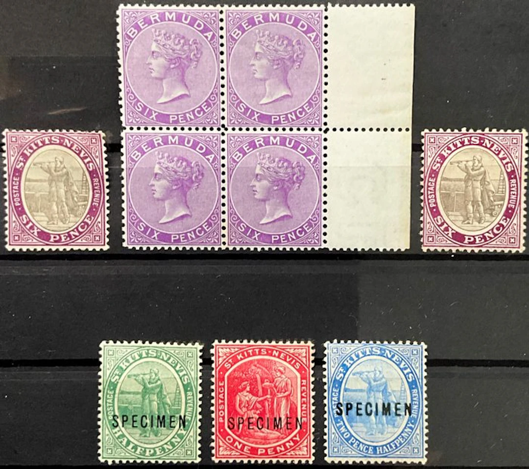 Brittiska samväldet 1865/1879 - Bermuda-6 Pence violett + Nevis MiNr. 6 + 9 - St.Kitts•Nevis SPECIMEN ca. 970.-€ - Michel