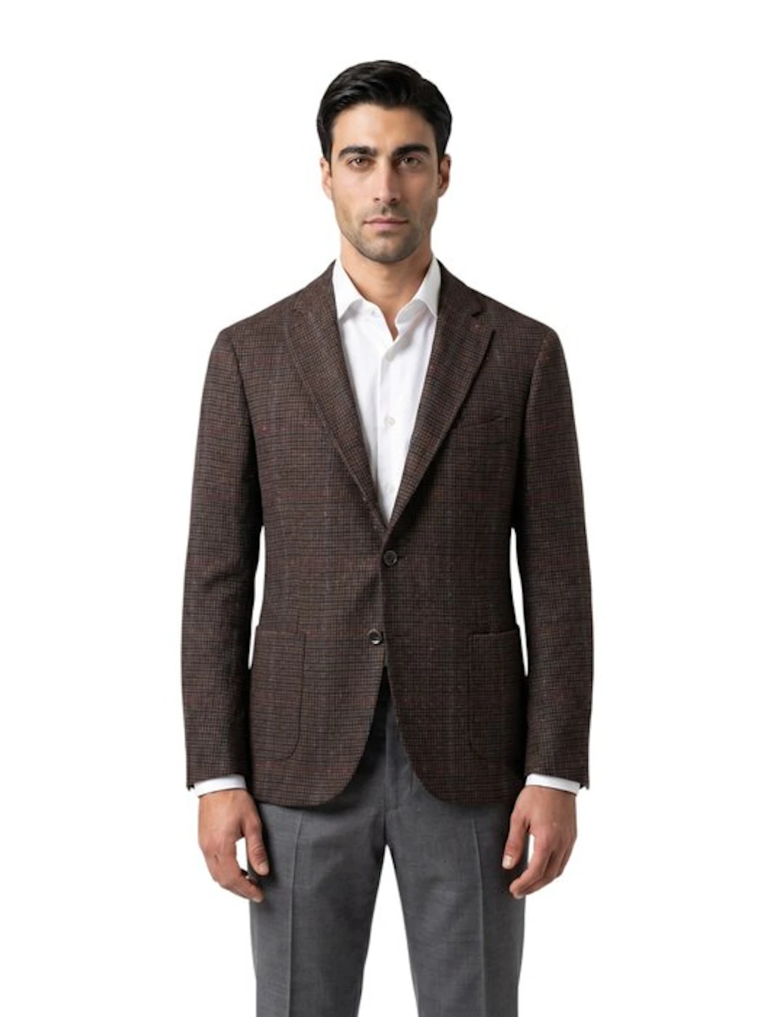 SANTANIELLO - 50 IT - Brown Checked Flannel Wool Cotton...