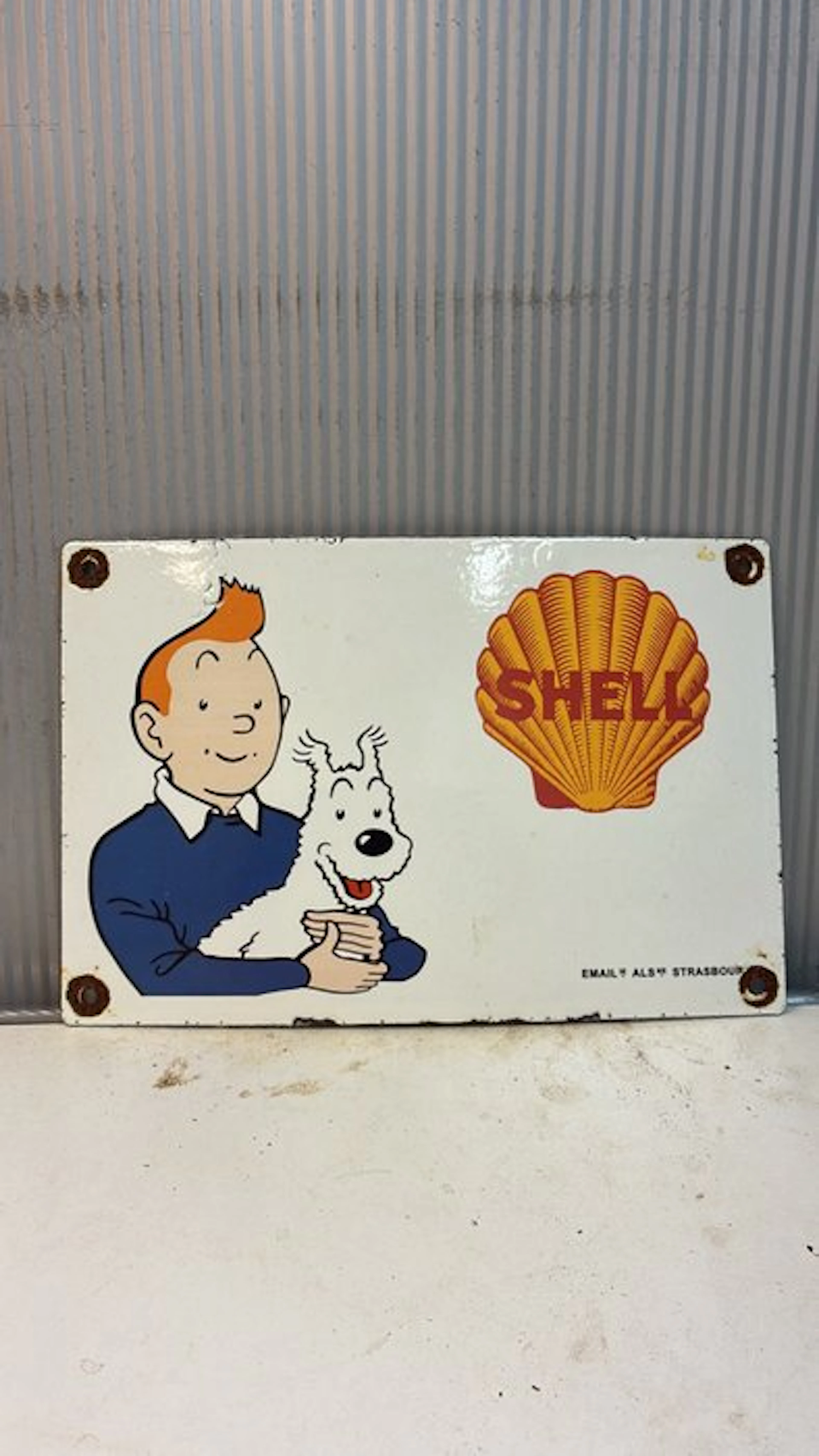 Kuifje en Bobbie – Shell Benzine – Emaille Reclamebord - Enamel sign - Enamel