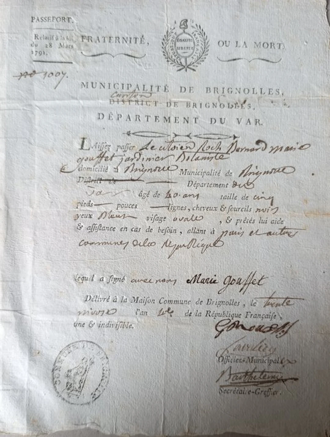 firme - Rare Passeport Révolutionnaire (1796) – An IV –...