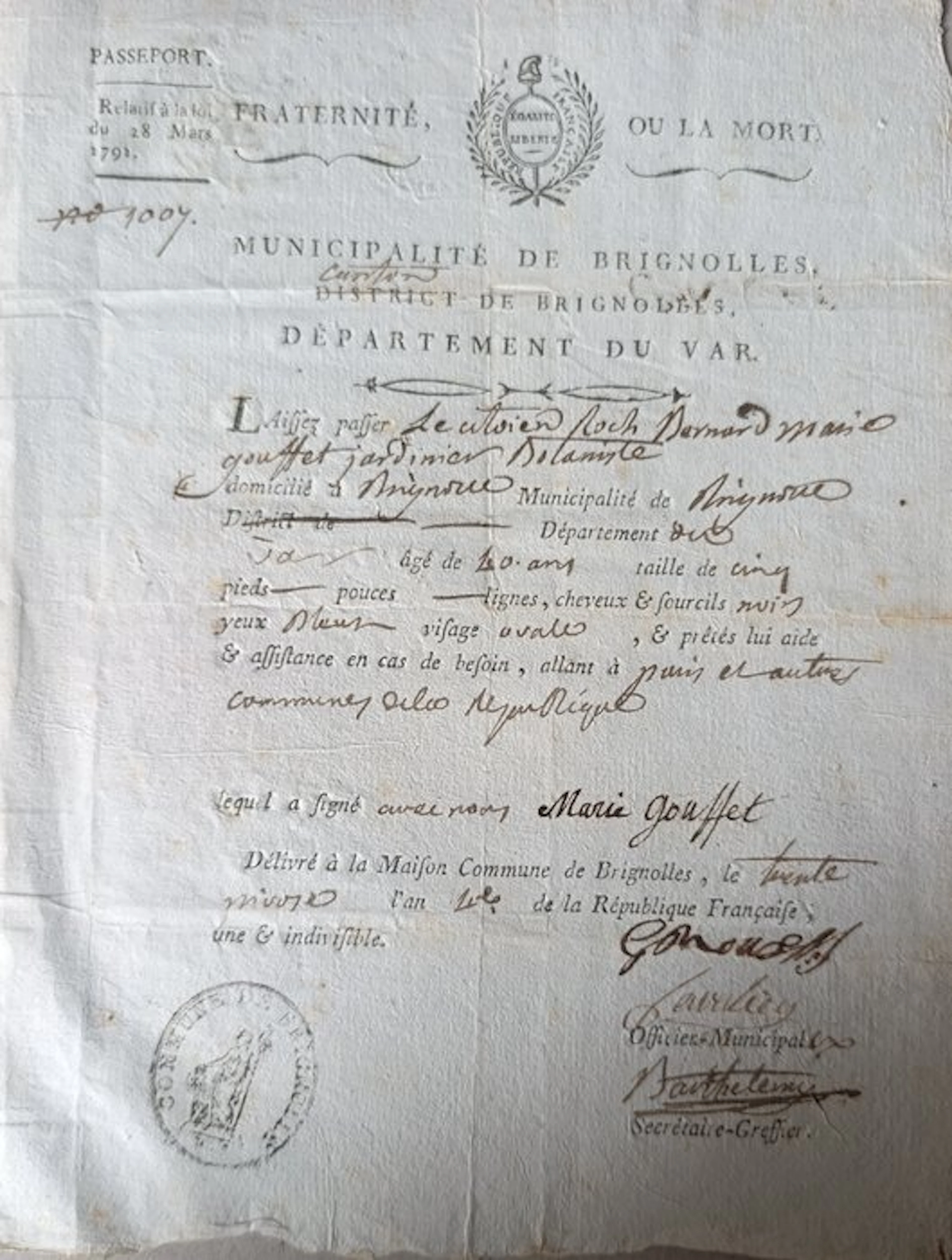 firme - Rare Passeport Révolutionnaire (1796) – An IV –...