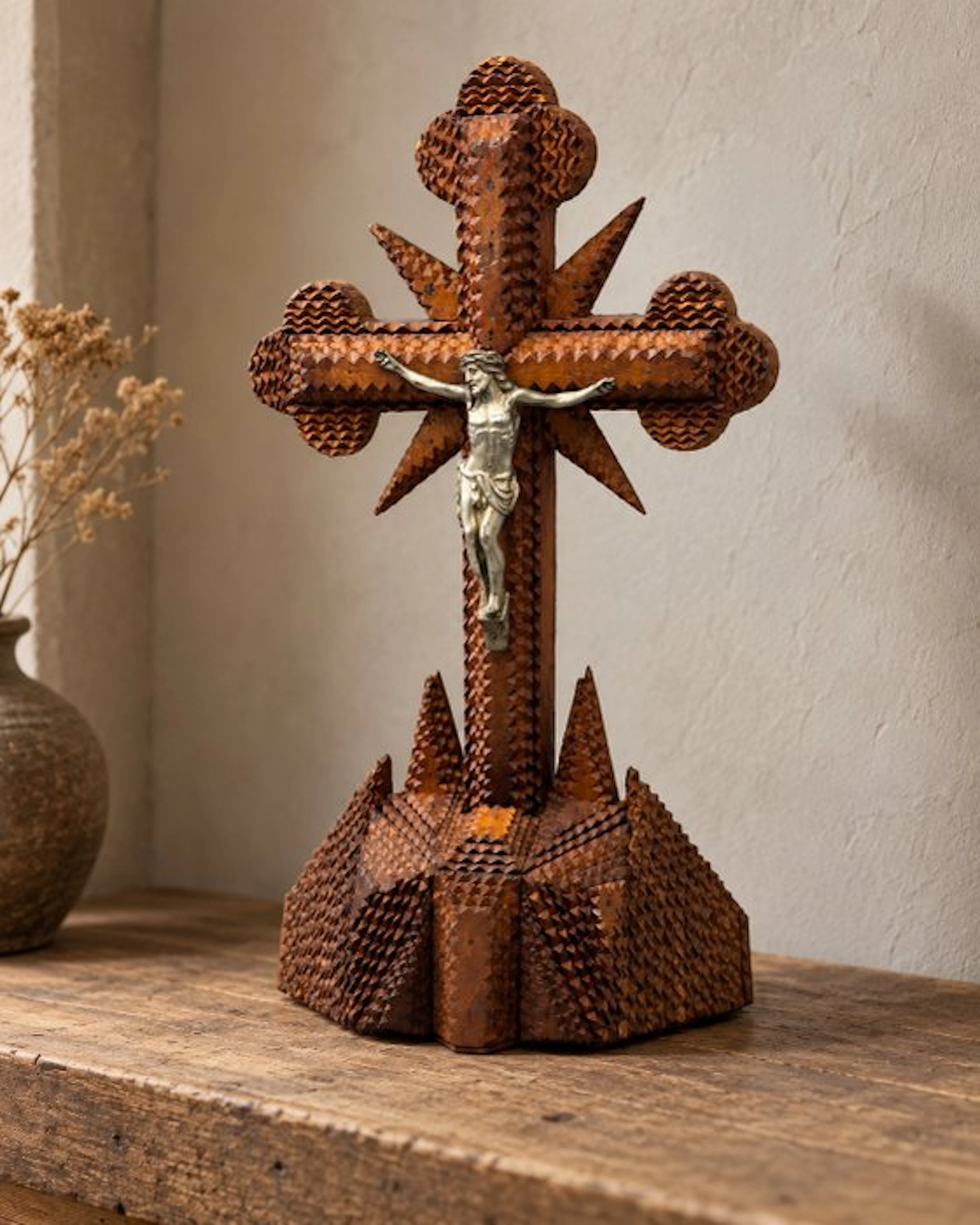 Crucifix - Wood - 1870-1920 - Tramp Art crucifix - 43 cm