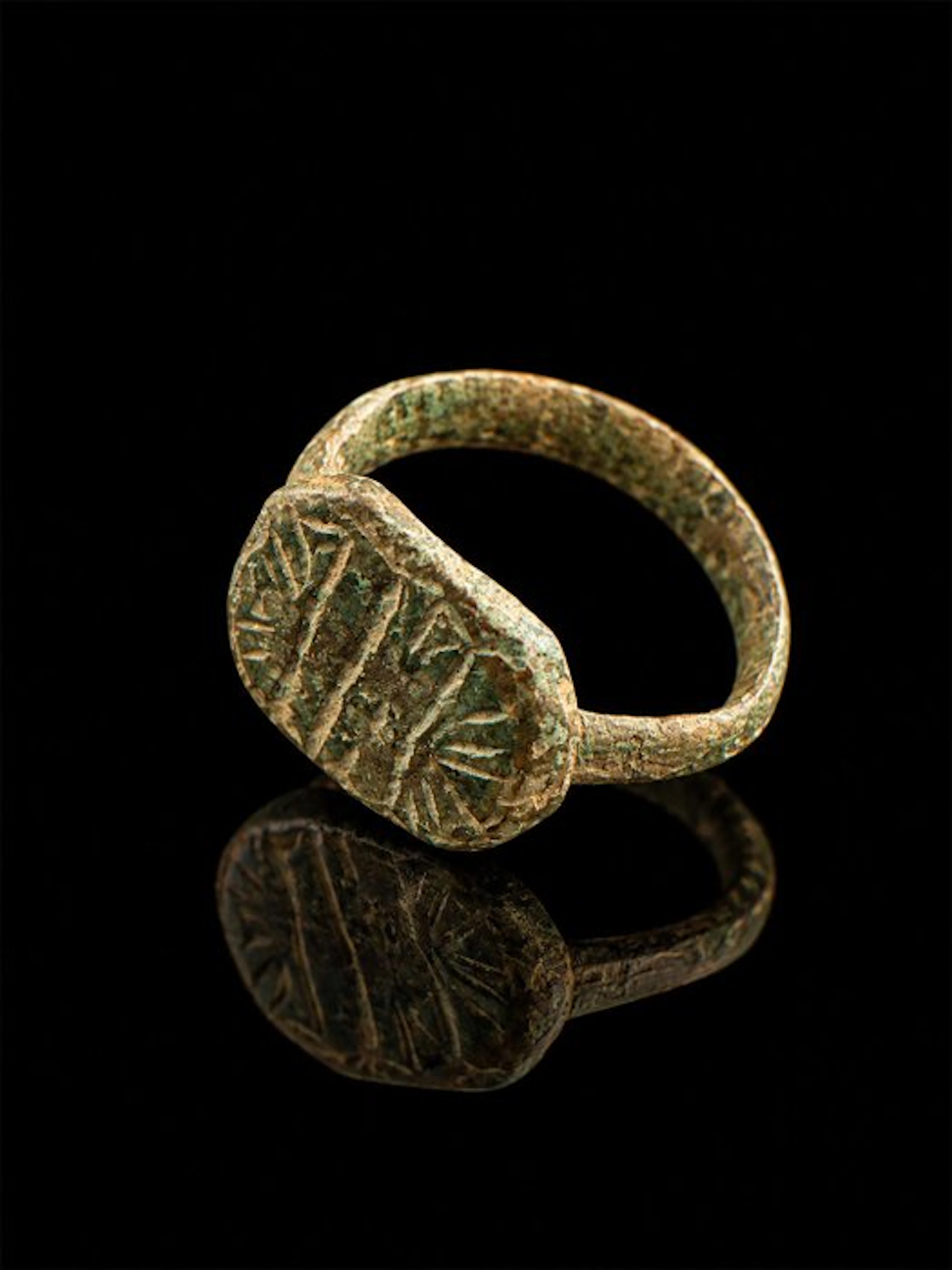 Medieval Bronze Medieval Bronze Ring with Geometric Engraved Bezel – ca