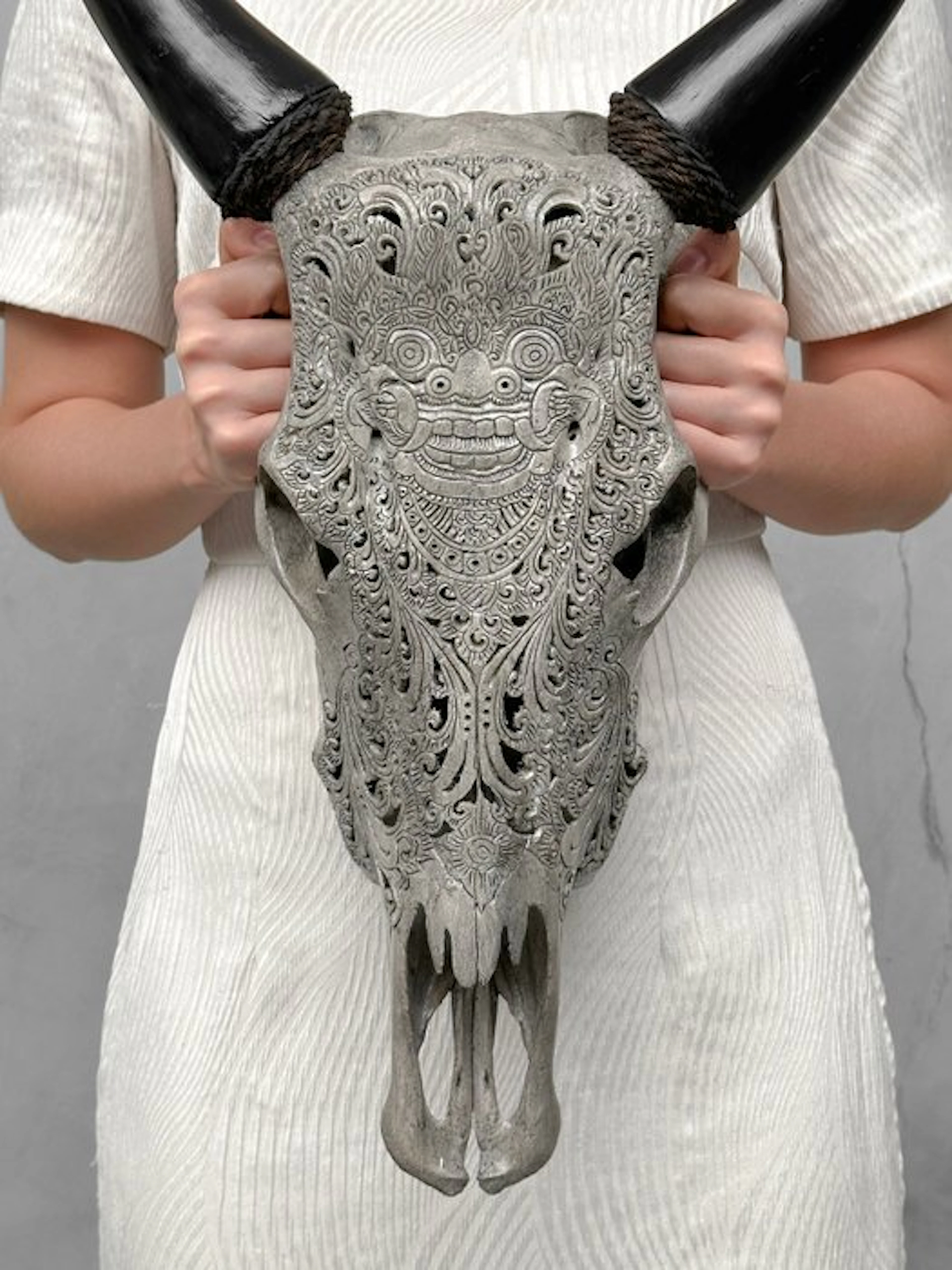 NO RESERVE PRICE - Authentic Grey Carved Cow Skull...