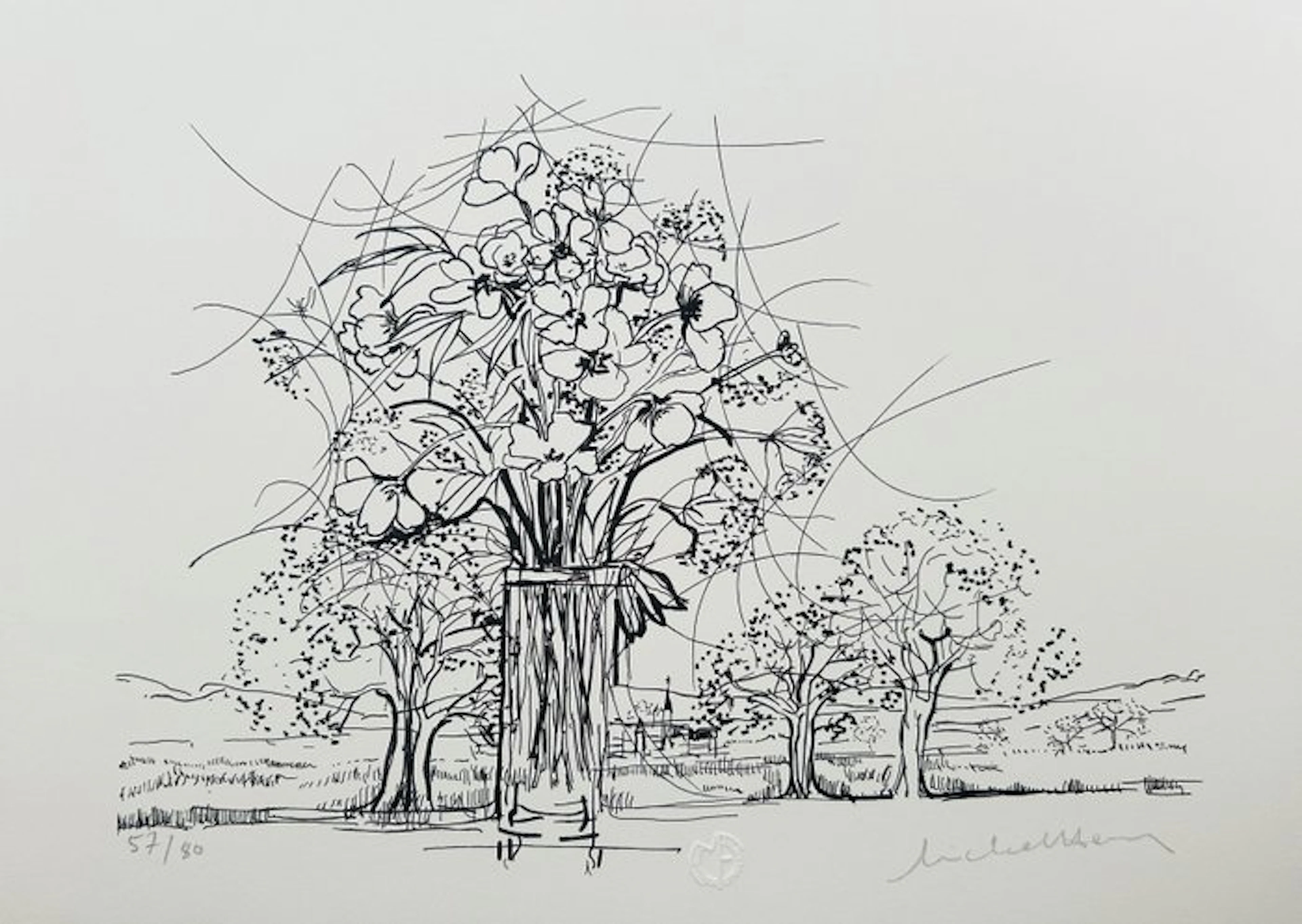 Michel-Henry (1928-2016) - Paysage au bouquet - Lithographie originale signée