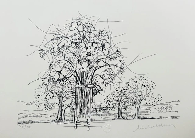 Michel-Henry (1928-2016) - Paysage au bouquet - Lithographie originale signée