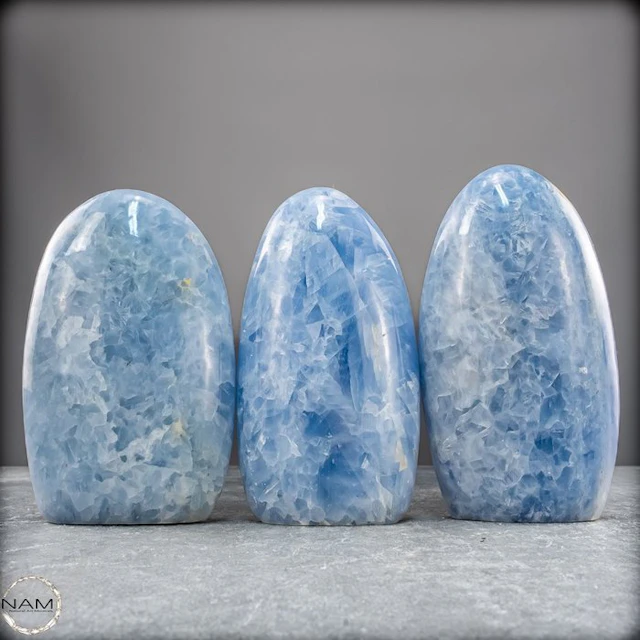 Blue Calcite freeform shapes – Calming trio in gentle...