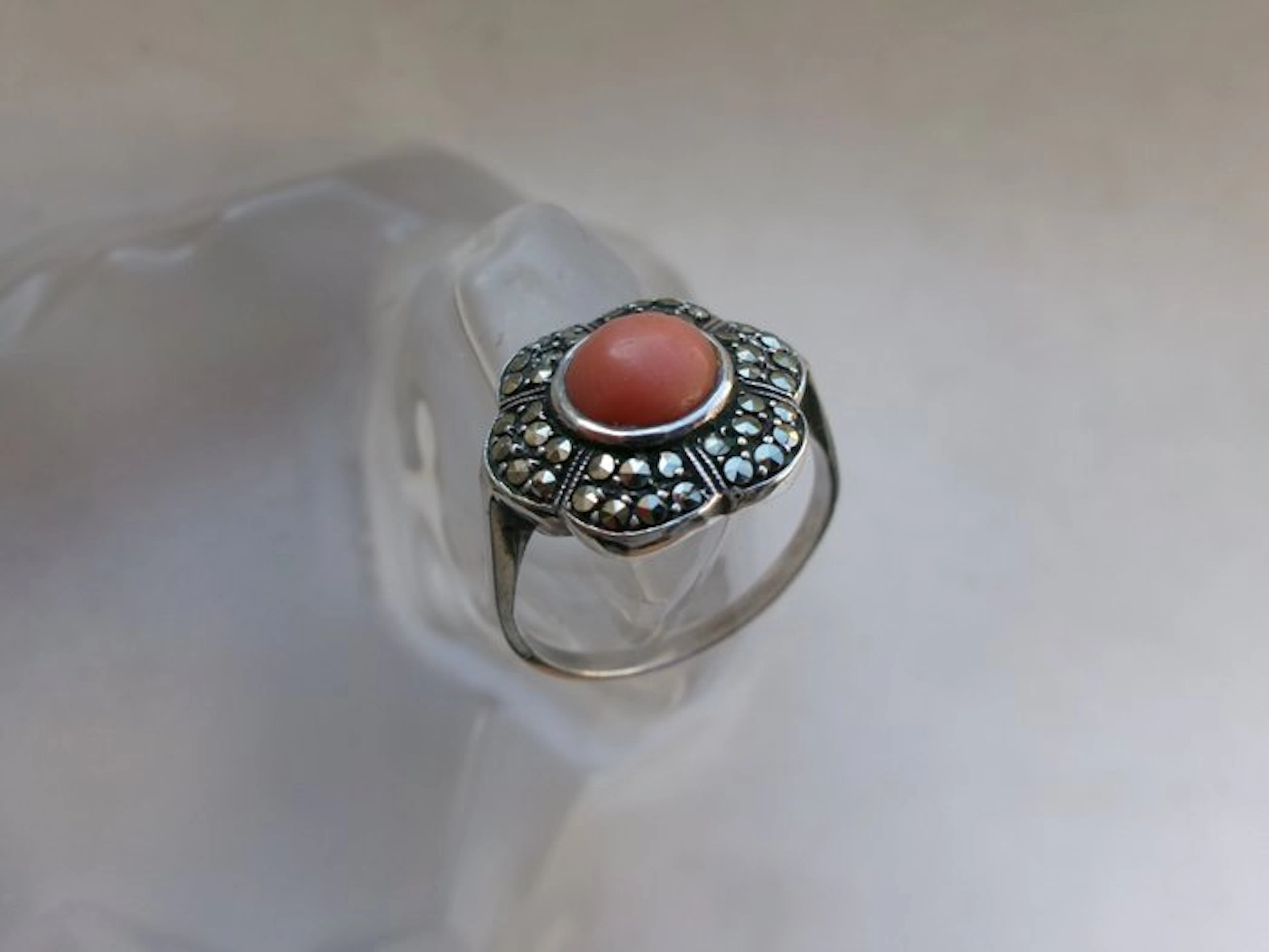 Silver, Coral & Marcasites - Ring - Art Deco