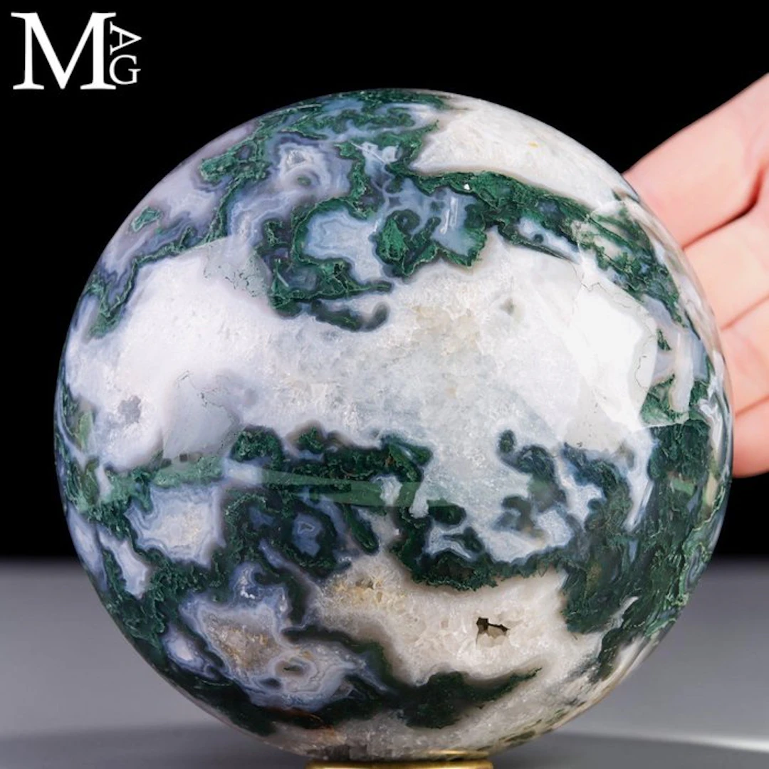 Large Moss Agate Sphere with Rich Green Dendritic...