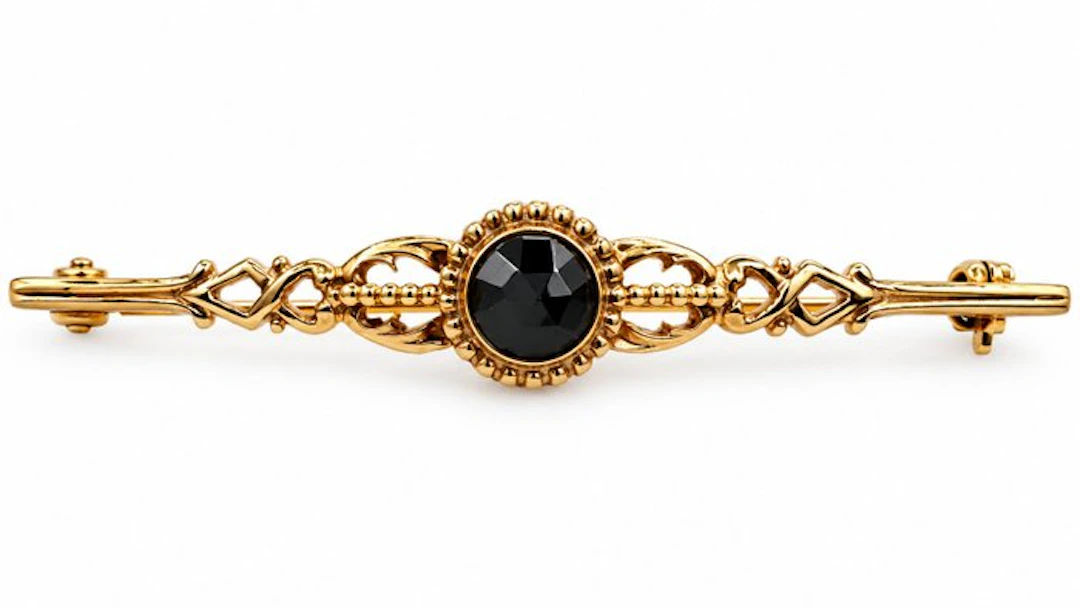 Jewellery pin - 14 kt. Yellow gold Onyx - Garnet 14 karat