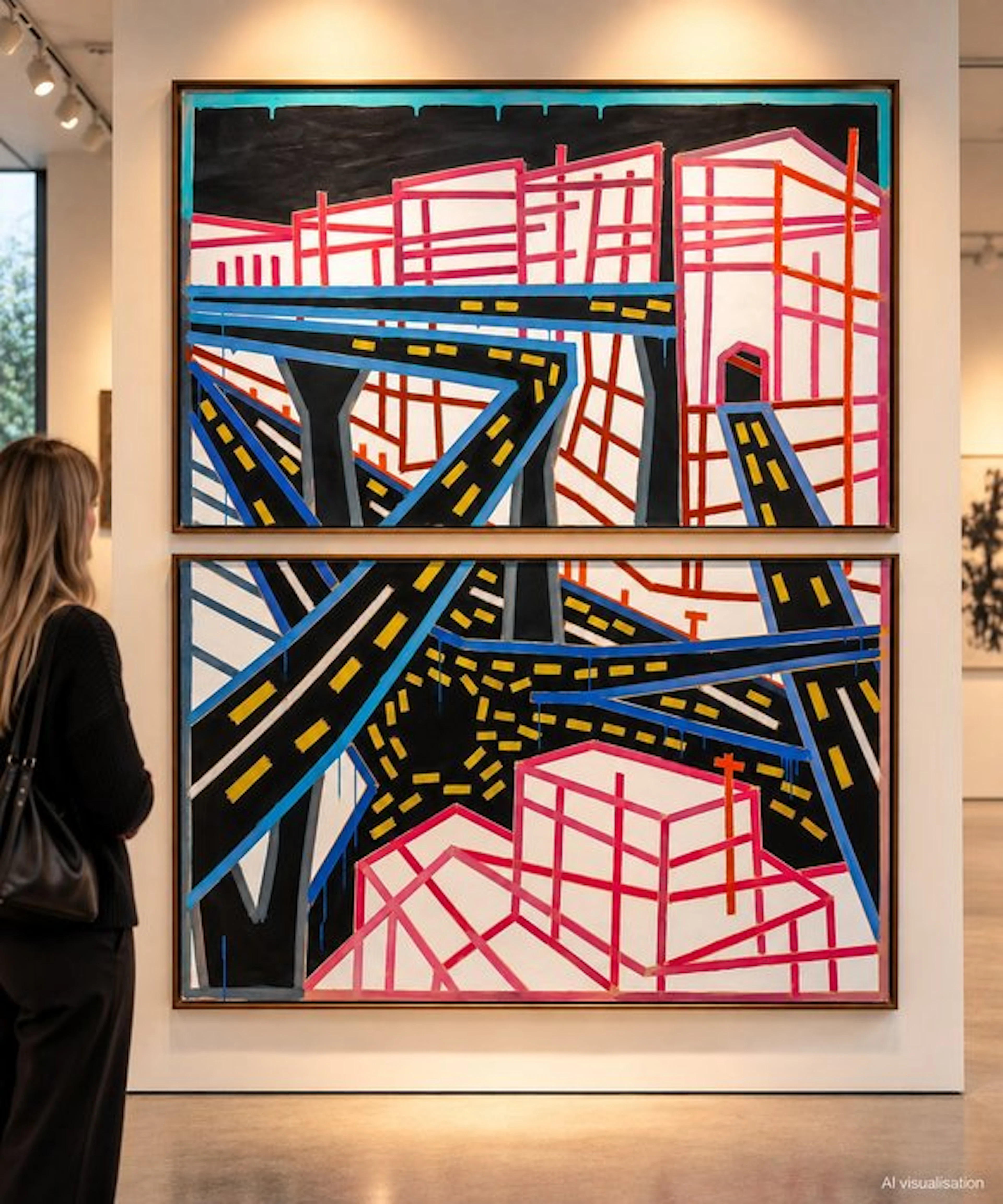 Baptiste Laurent - "Urban scalextric 1", XXL diptyque, acrylic on paper, 2016
