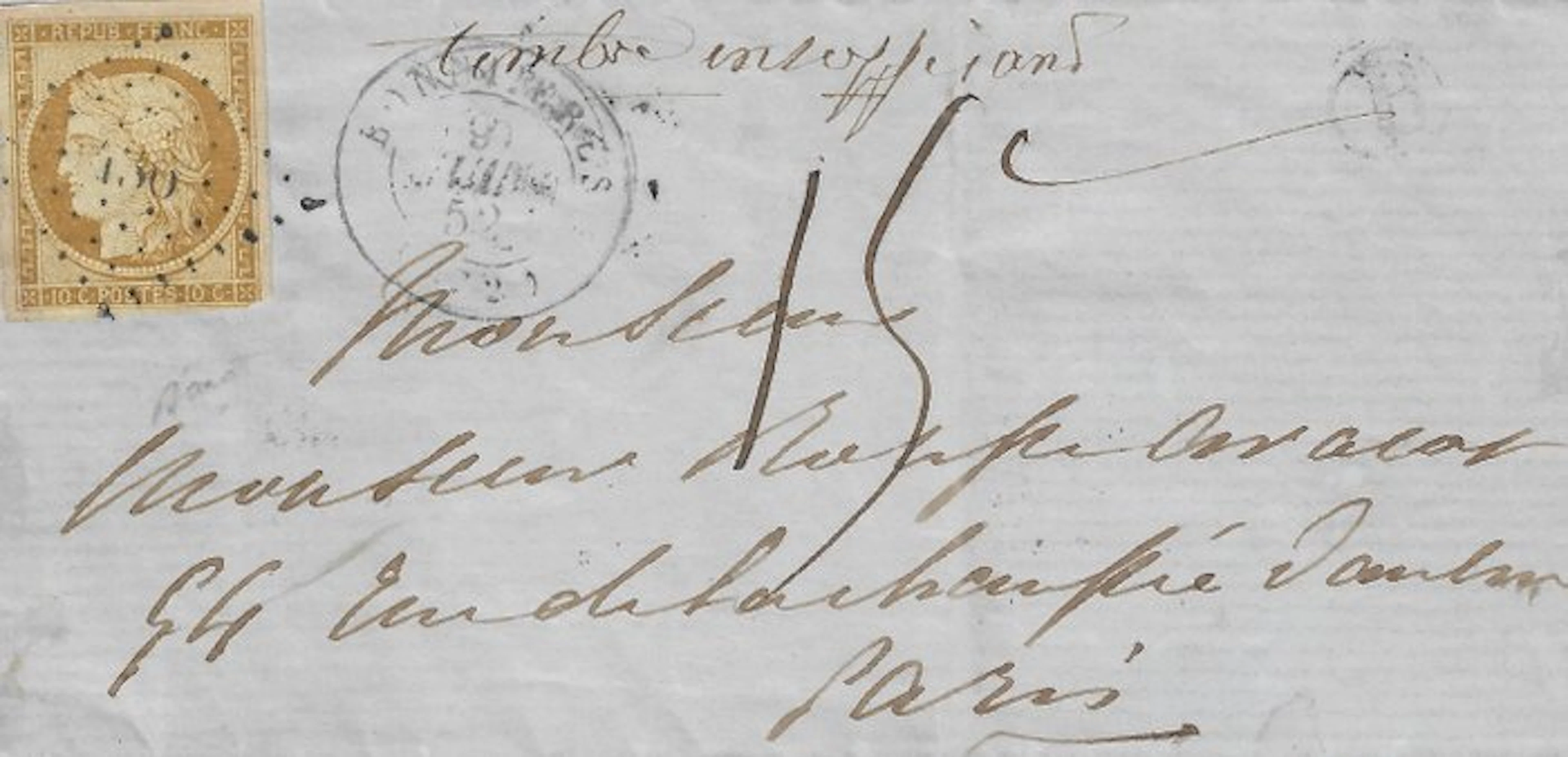 France 1852 - Superb 10-centime brown on a taxed letter...