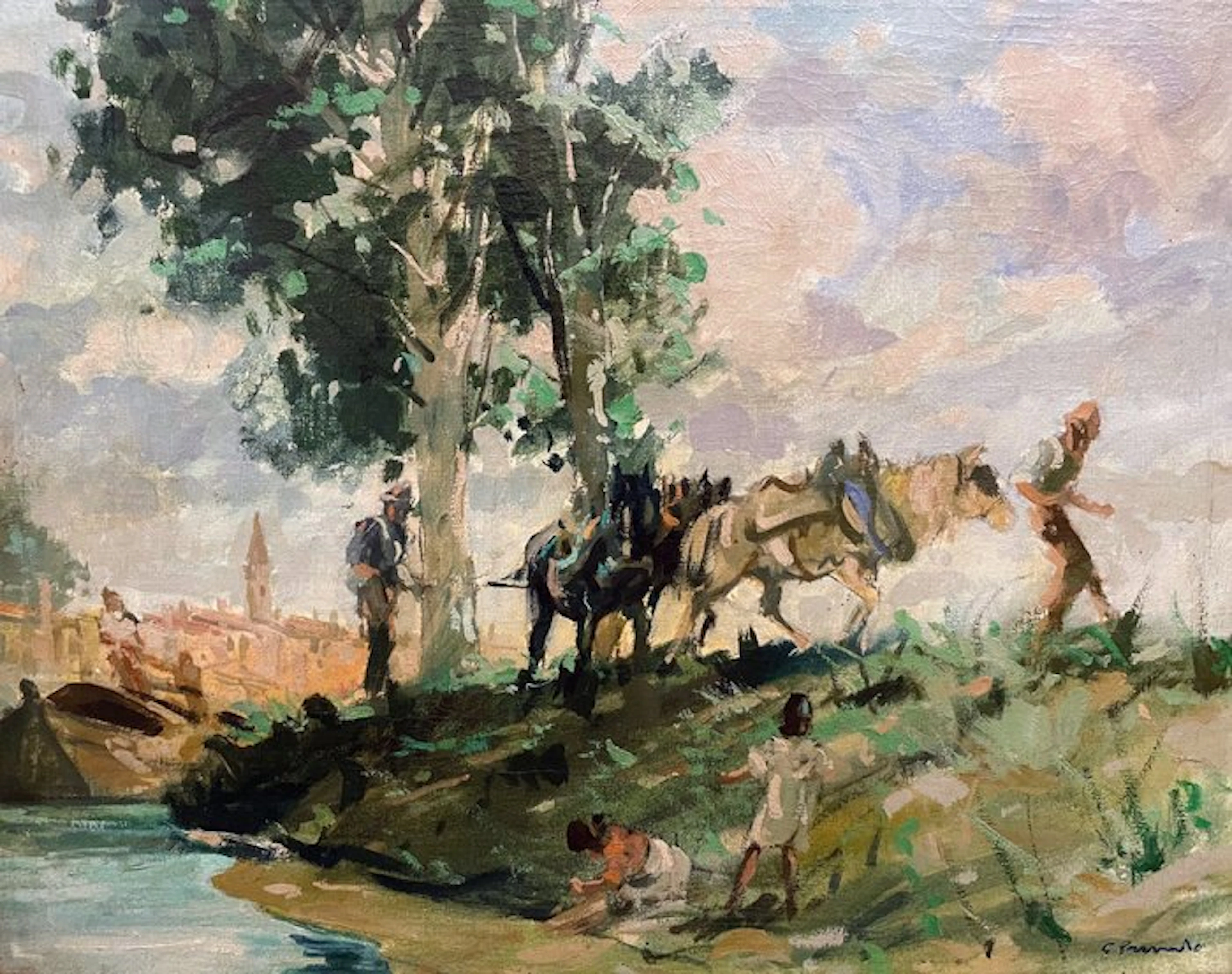 Cosimo Privato (1899 – 1971) - Veduta lagunare con personaggi