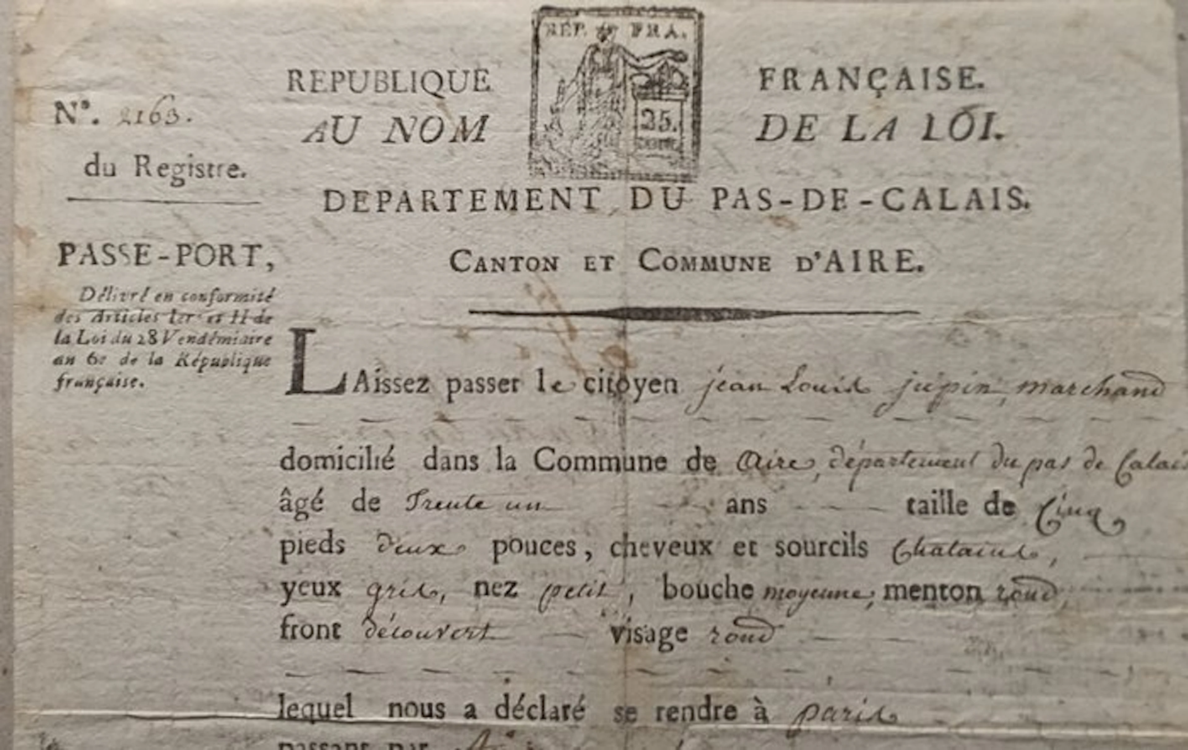 firmato - France - Passeport Révolutionnaire - An VI...
