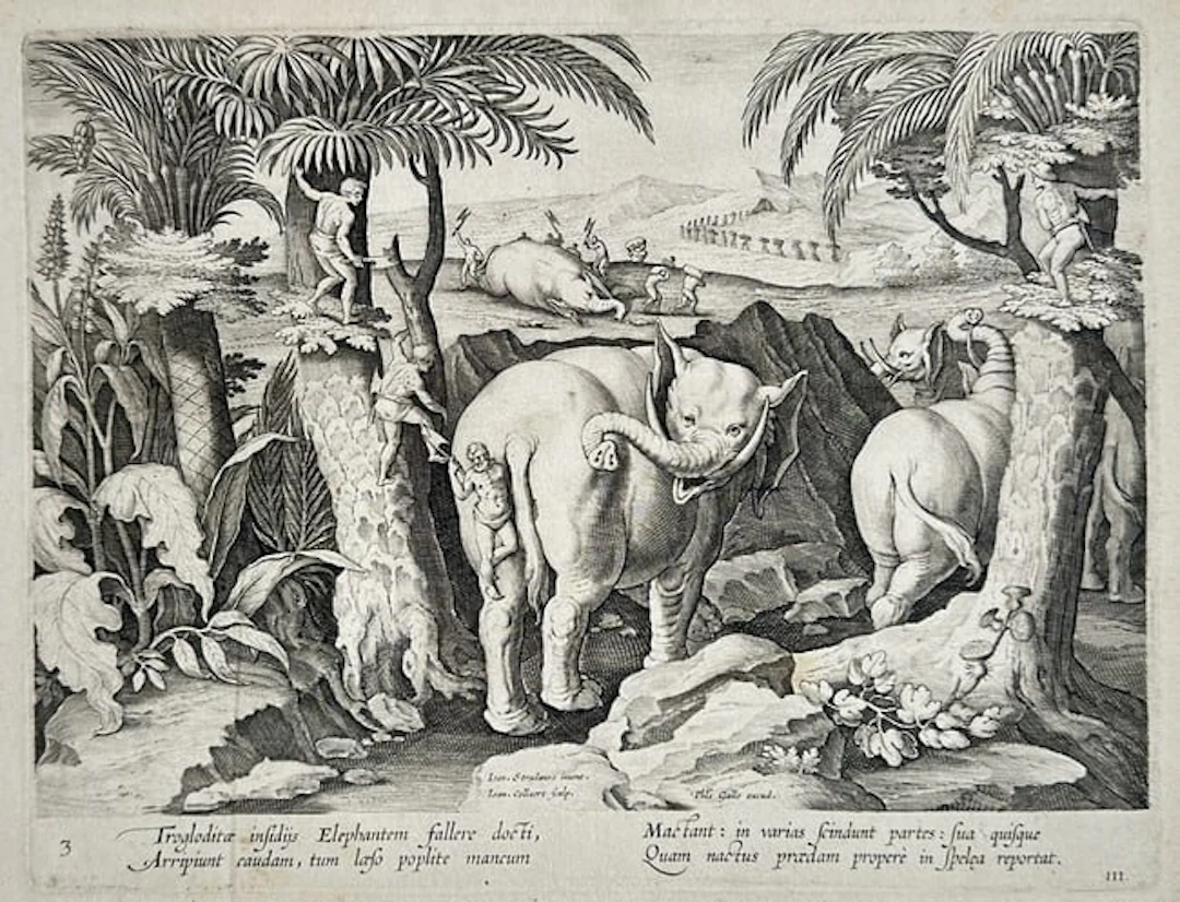 Johannes Stradanus (1523-1605) - Troglodyte Elephant Hunt...