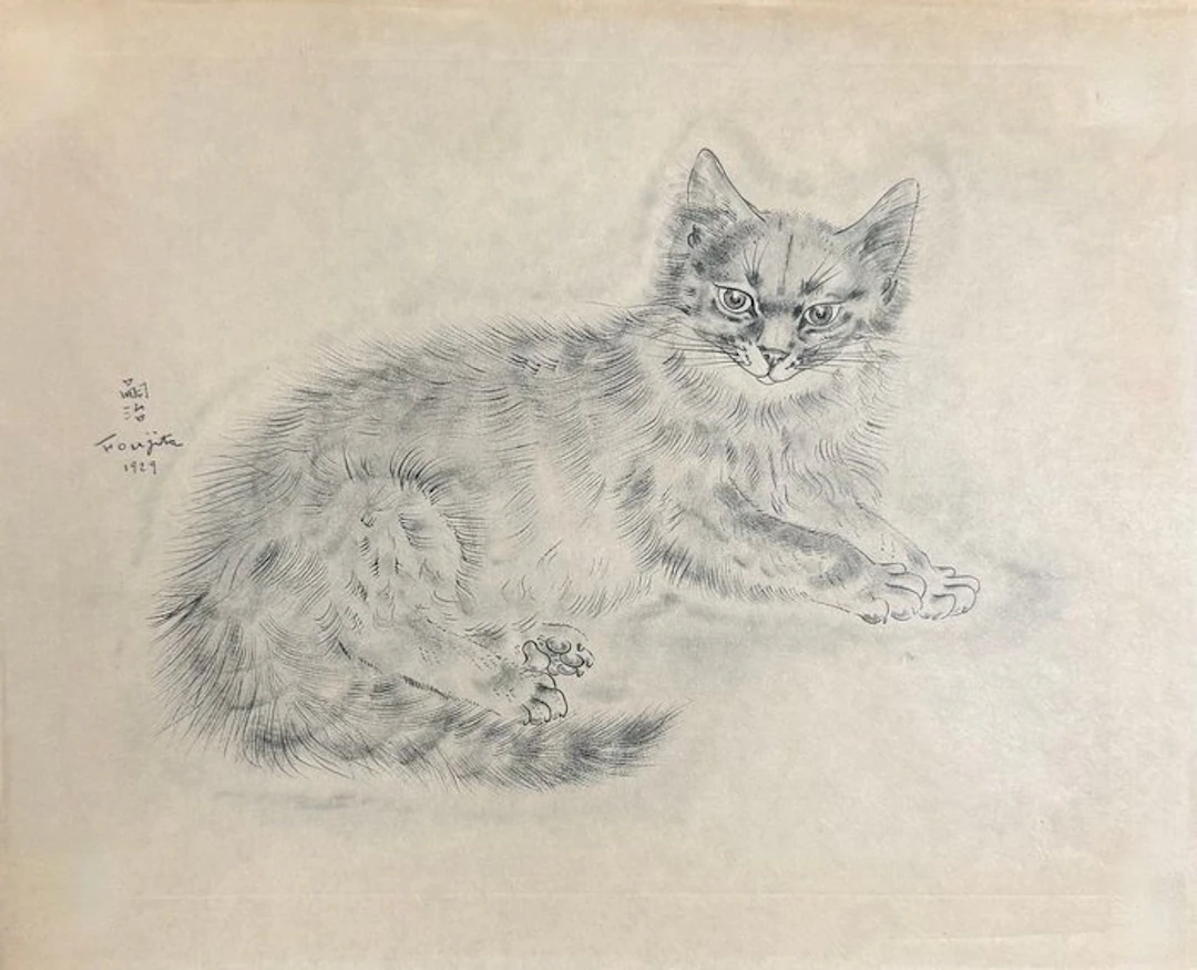 Léonard Tsuguharu Foujita (1886-1968) - Chat couché, planche du Book of Cats