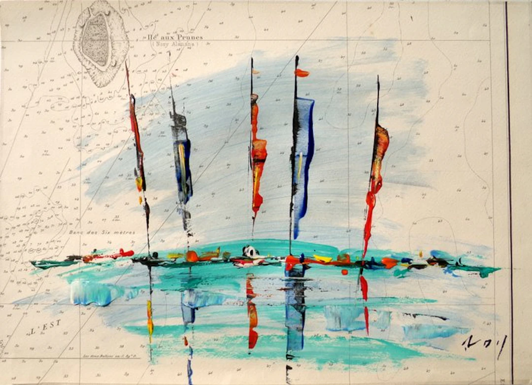 DENIS Pascal dit "ROY". - Voiles rouges et bleues sur carte marine.