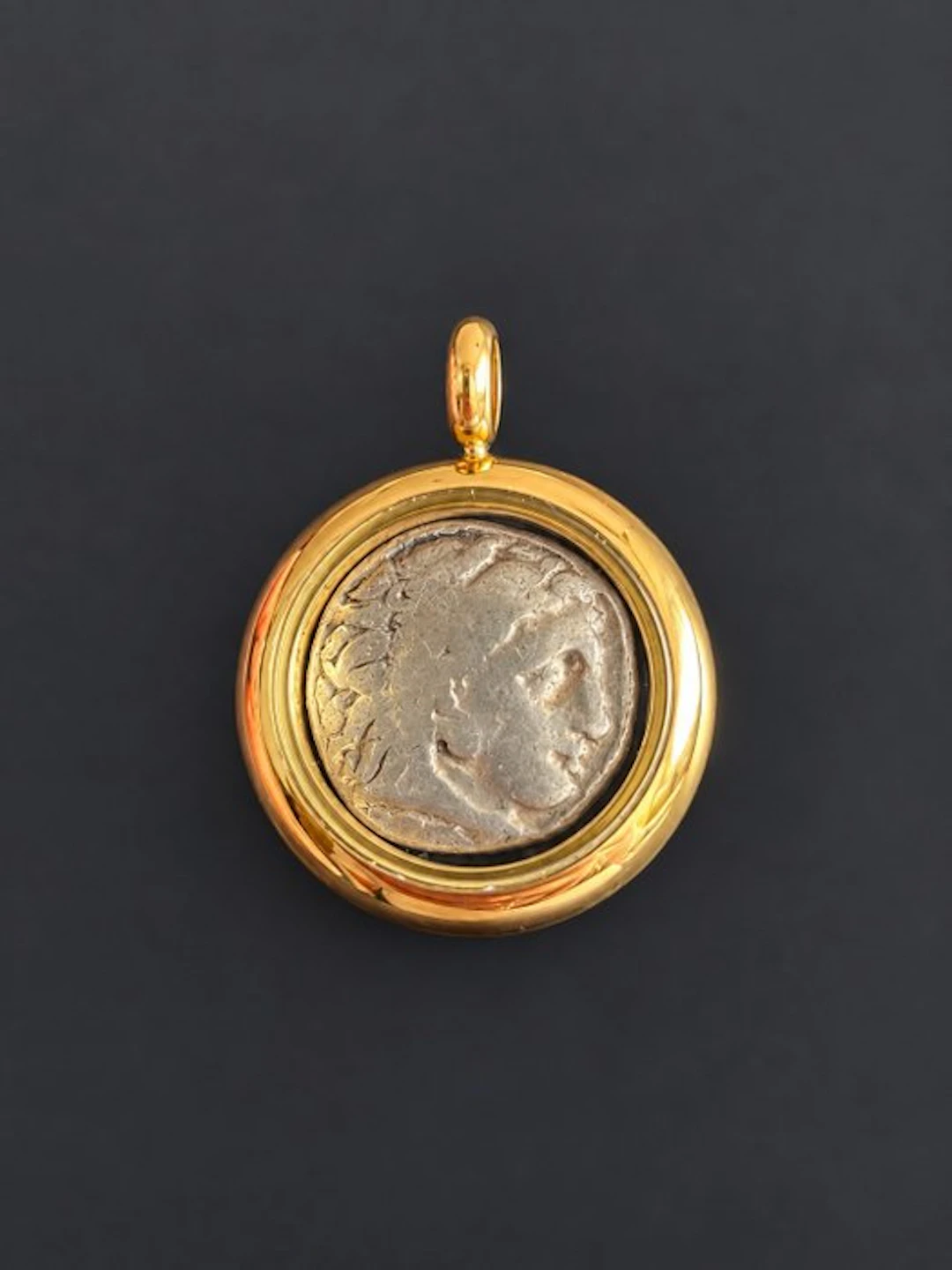 Ancient Greek Gold-tone metal pendant and silver coin Coin pendant