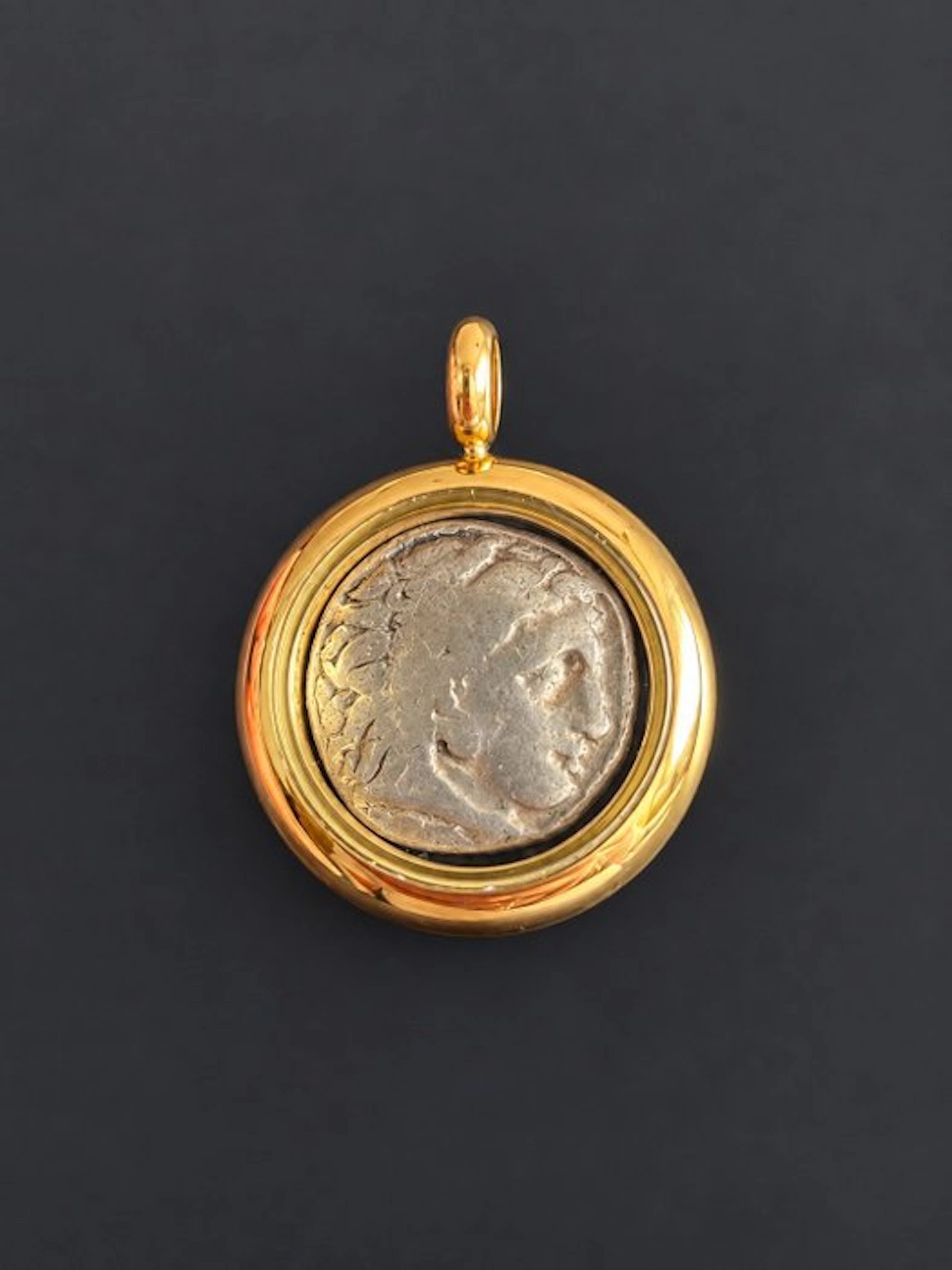 Ancient Greek Gold-tone metal pendant and silver coin Coin pendant