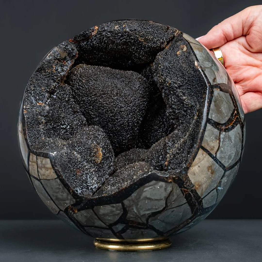 Natural septarian druzy sphere with calcite crystals –...