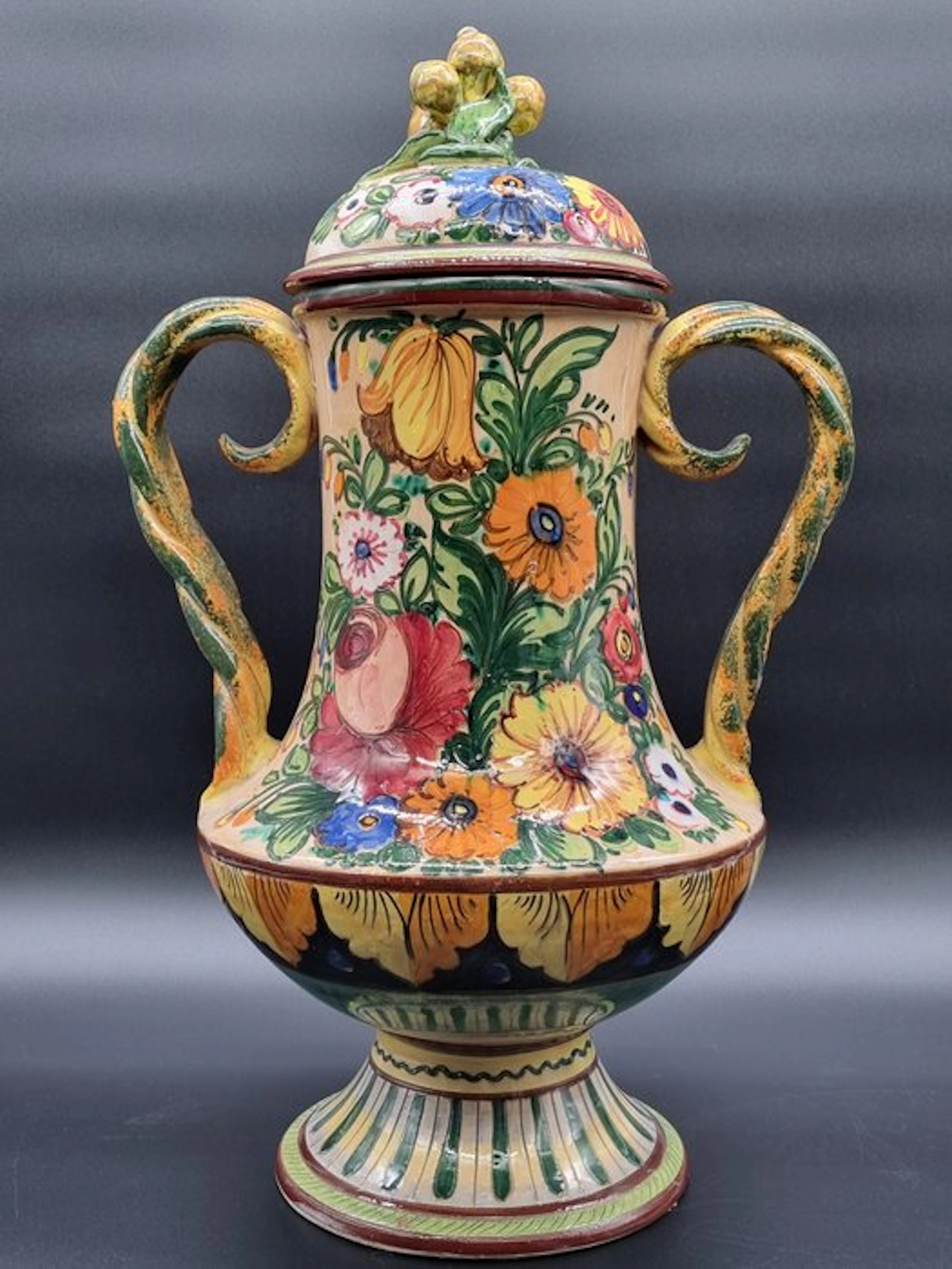 Vase - Large Majolica lidded vase – hand-painted ceramic vase with handles