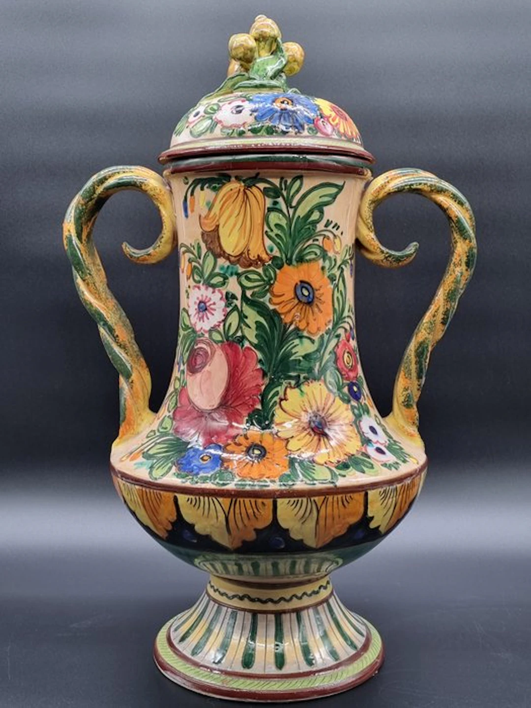 Vase - Large Majolica lidded vase – hand-painted ceramic vase with handles