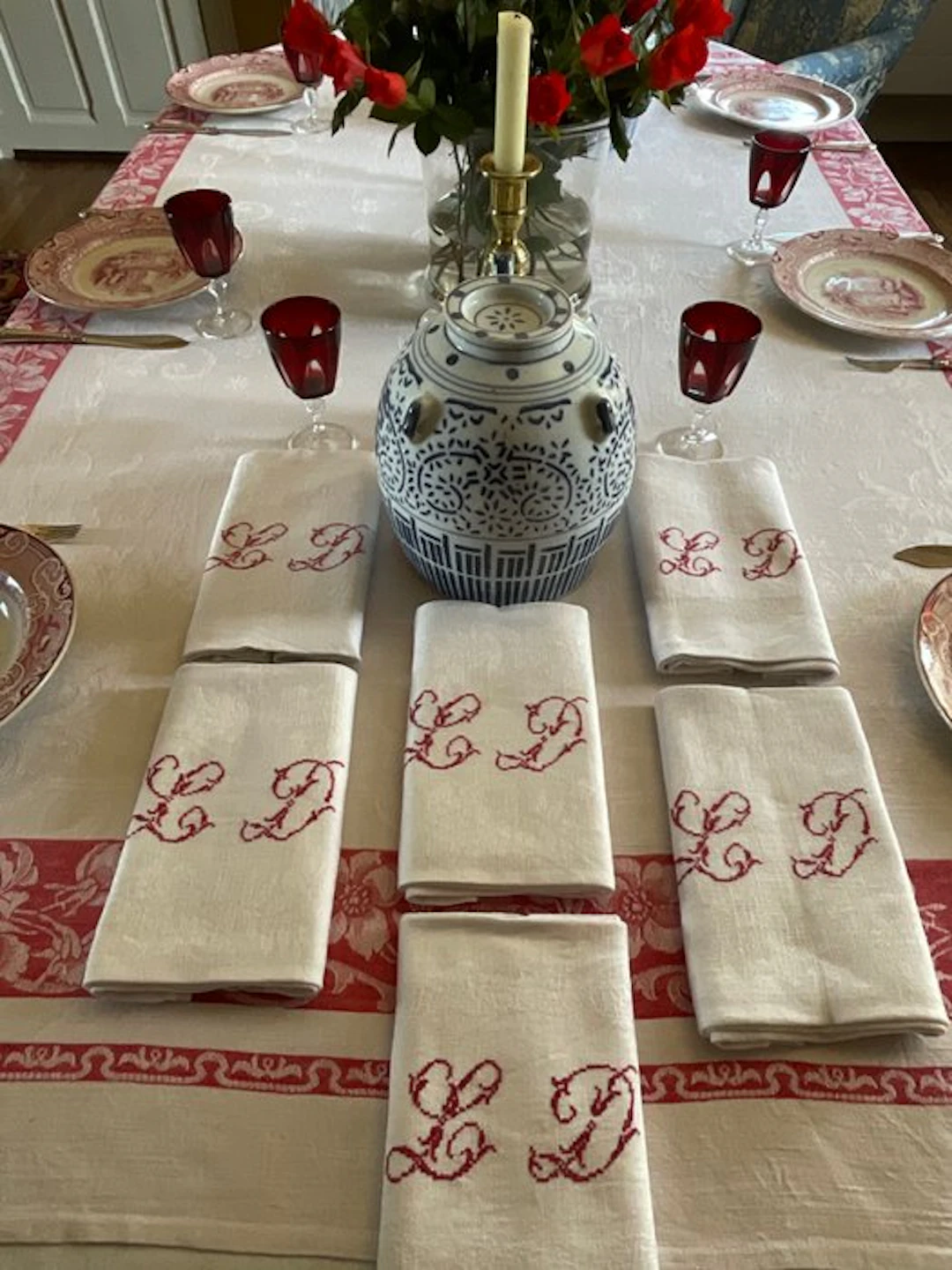 6 Early XXth Century linen napkins with L.D. initials - Napkin - 65 cm - 70 cm