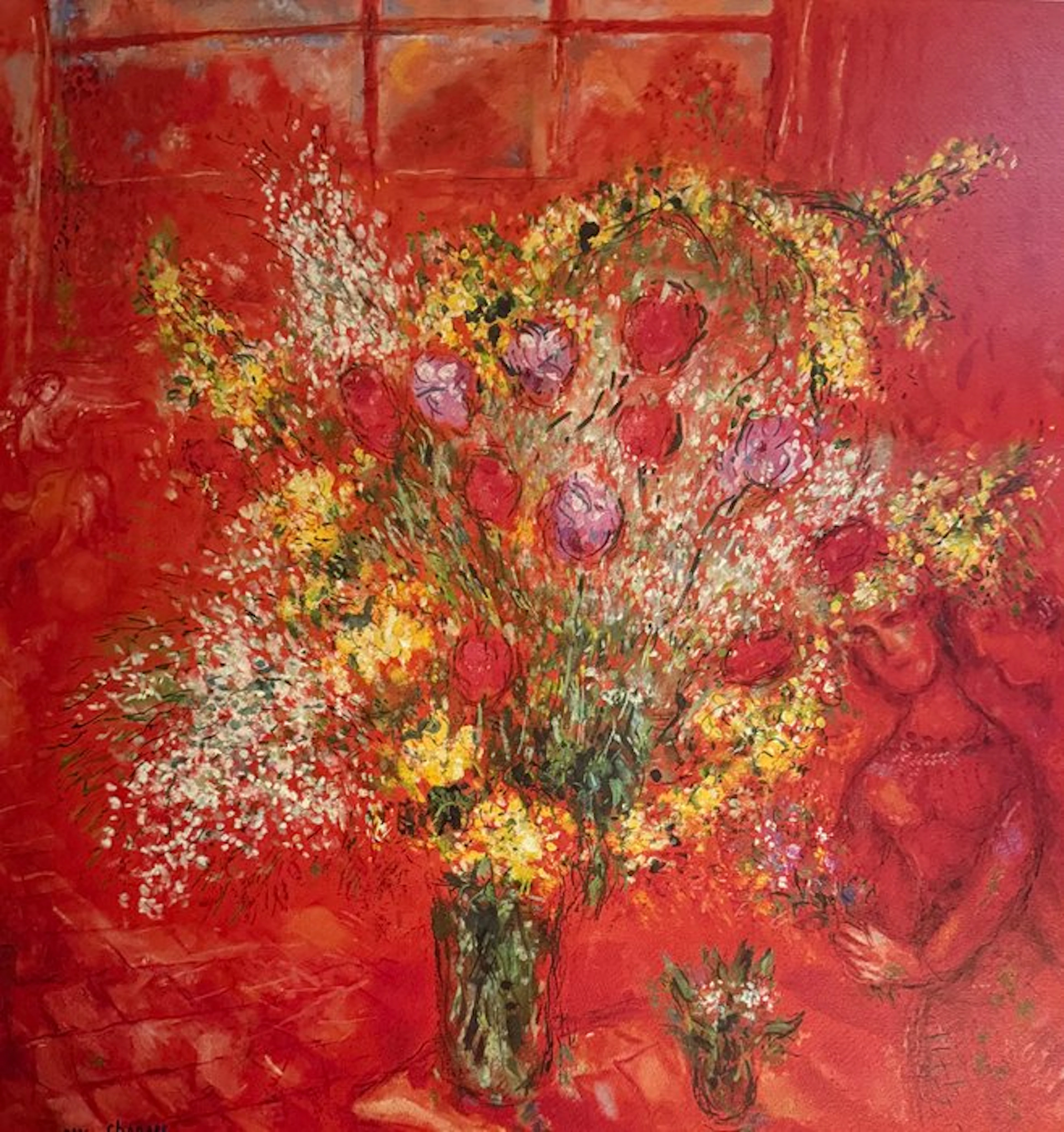 Marc Chagall (1887-1985) - "Fleurs sur fond rouge