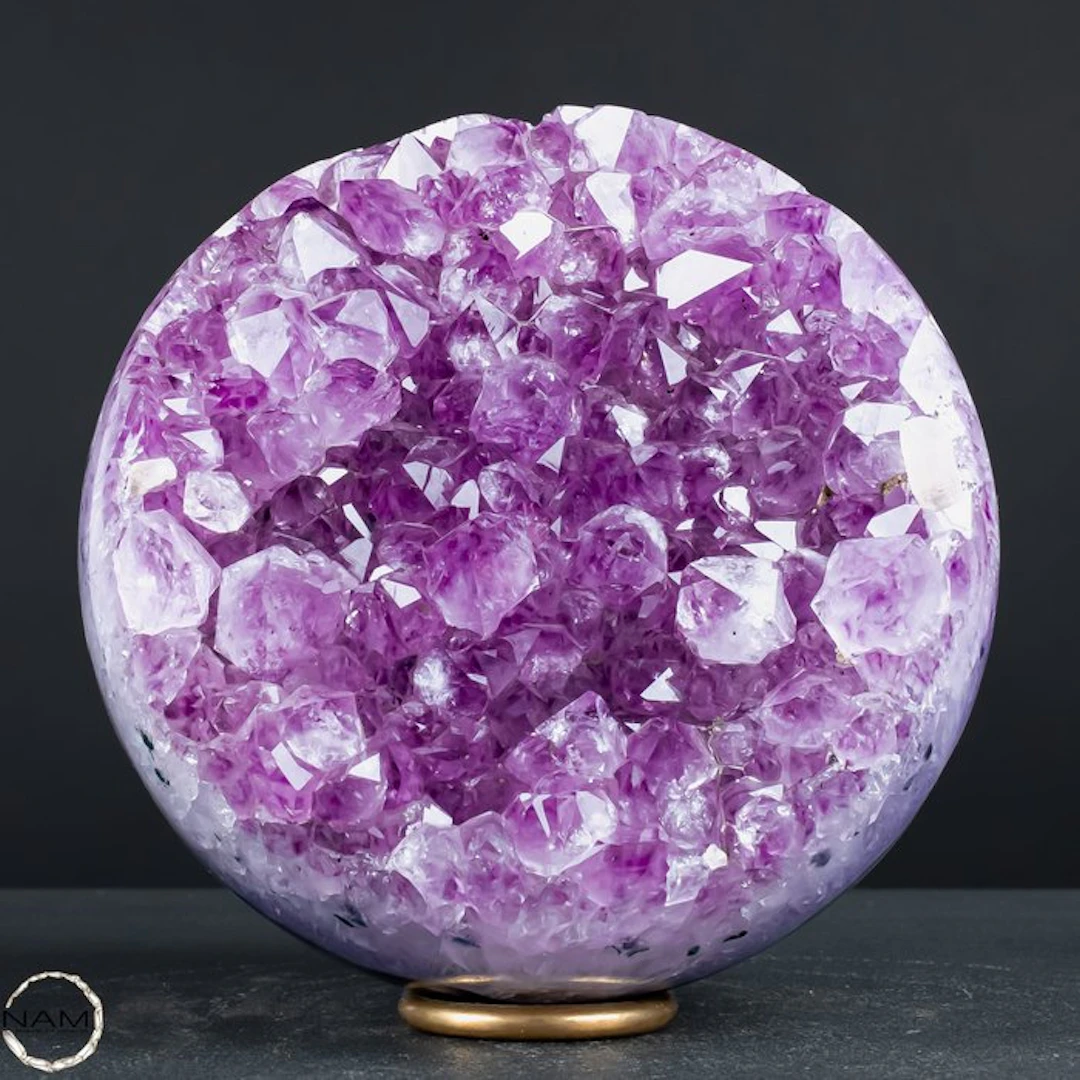 Amethyst sphere with an impressive druzy and natural calcite crystal