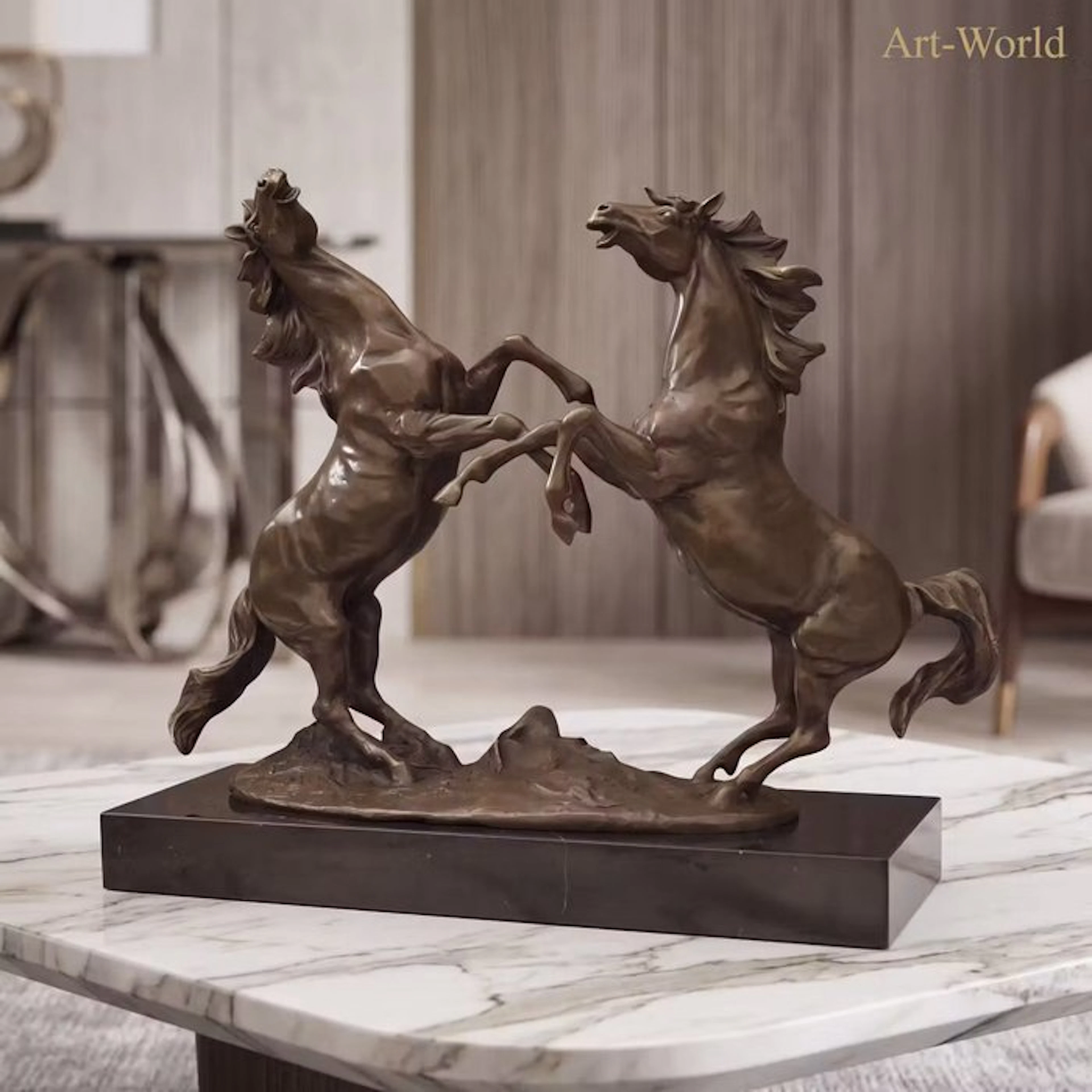 Statue, Twee steigerende paarden 42 cm / 12.2 kg - 36.5 cm - Bronze, Marble