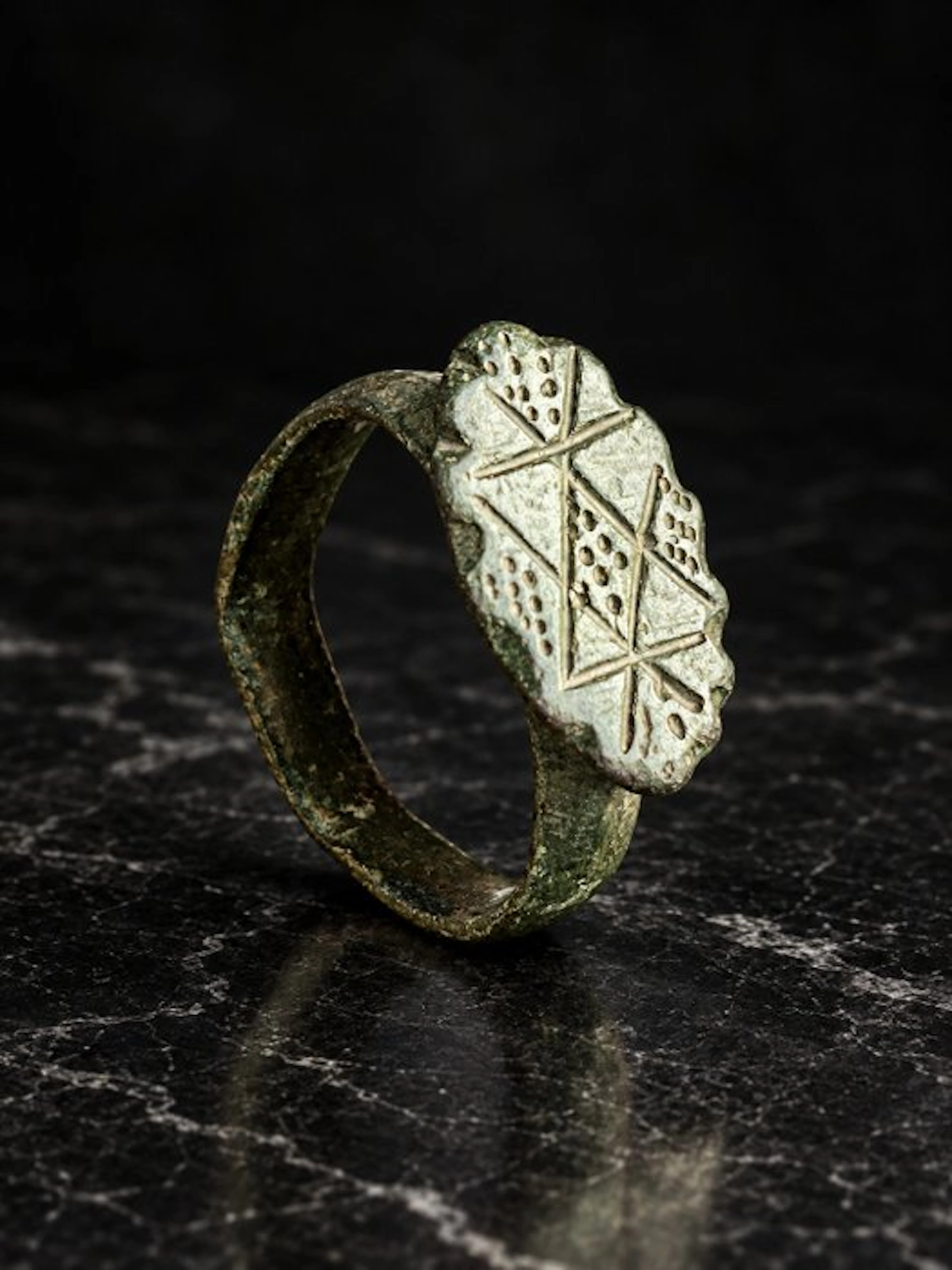 Medieval Bronze Finger Ring with Engraved Star 10th to...
