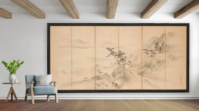 Folding screen with Nanga-style landscape - Paper