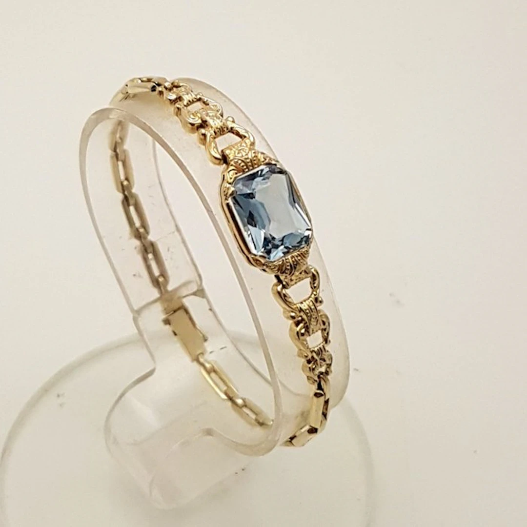 Silver, Art Deco Blue Spinel (Tested) - Bracelet - Lightly gilded in gold.