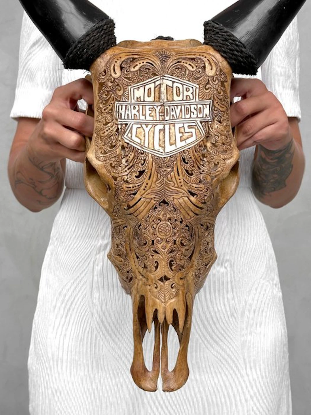 NO RESERVE PRICE - Authentic Brown Hand-Carved Cow Skull...