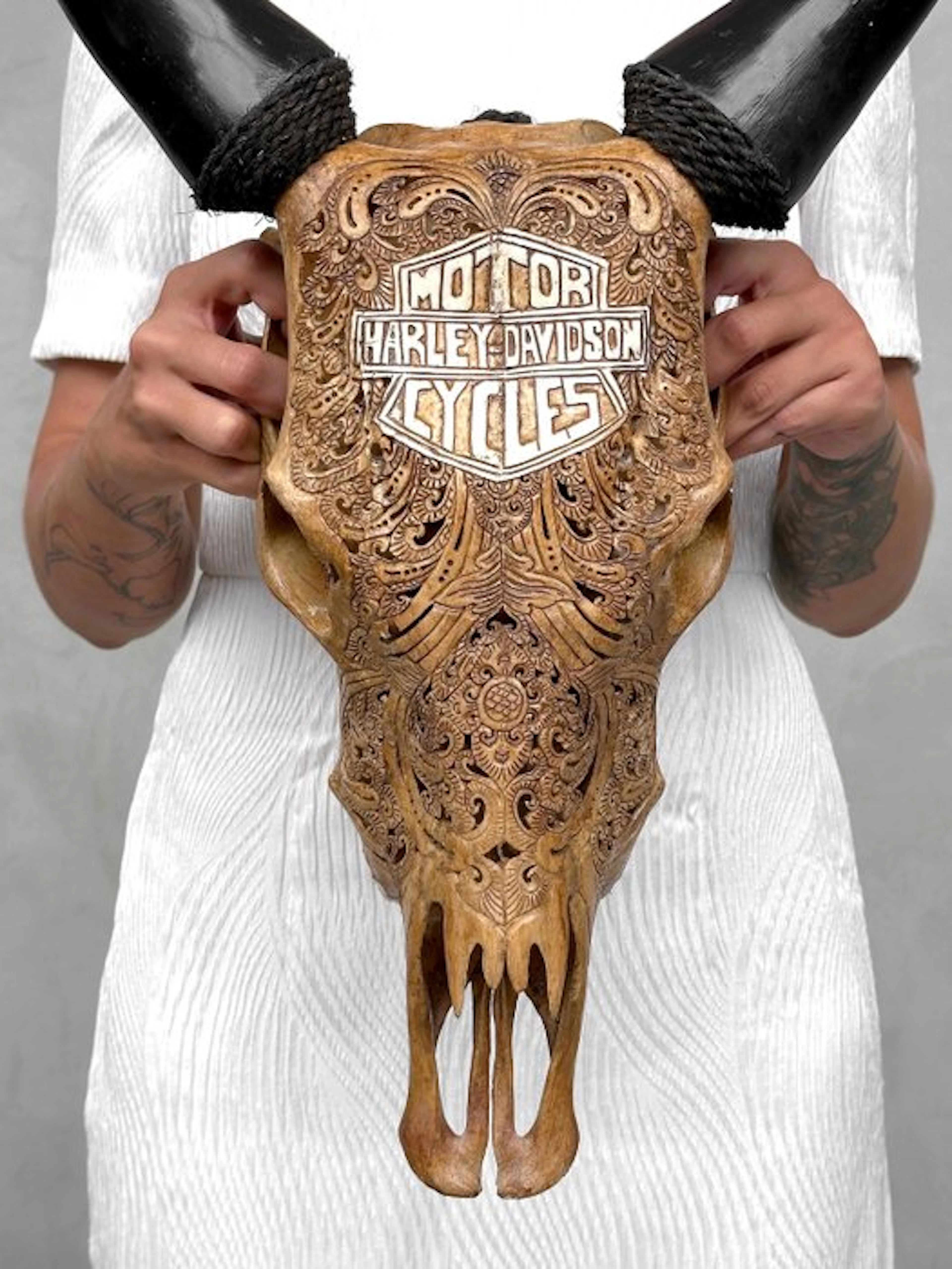 NO RESERVE PRICE - Authentic Brown Hand-Carved Cow Skull...