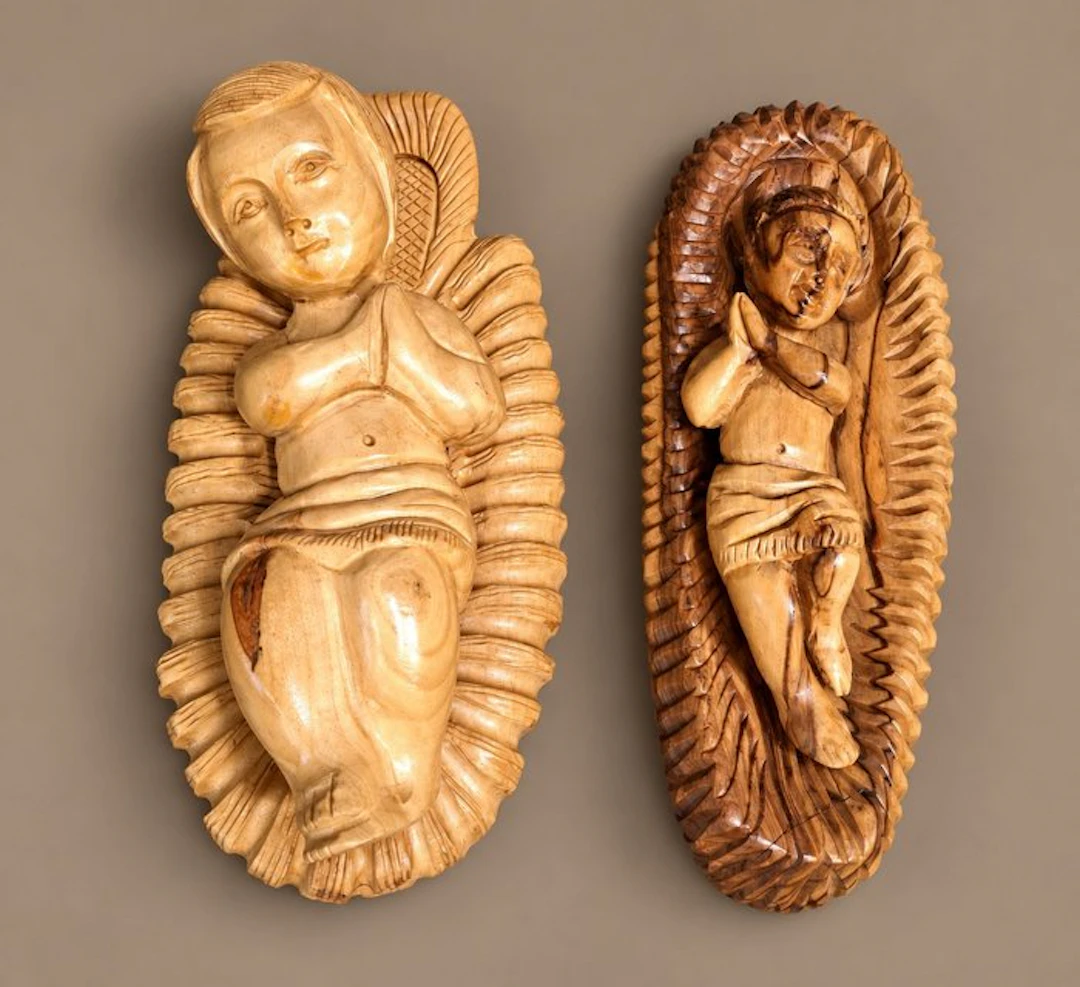 Statue, Twee kerst kribben olijfhout - 7 cm - Olive