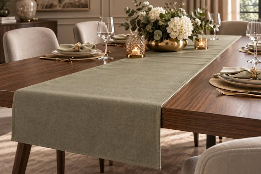 “Olivastro” cotton table runner and centerpiece. - Tablecloth - 60 cm - 270 cm
